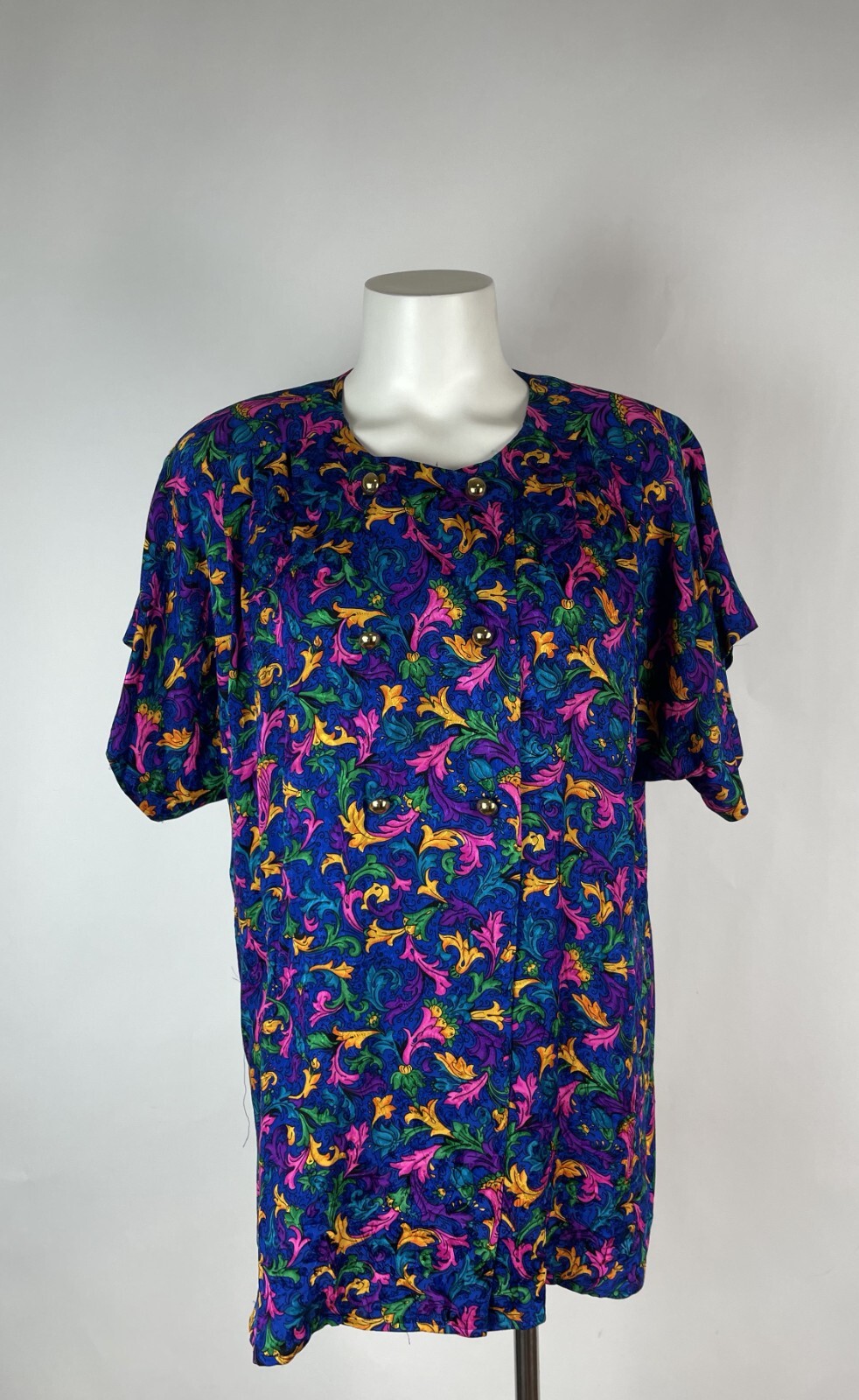 Vintage 80&rsquo;s FLORA KUNG 100% Silk Blouse Top + Gold Buttons 6