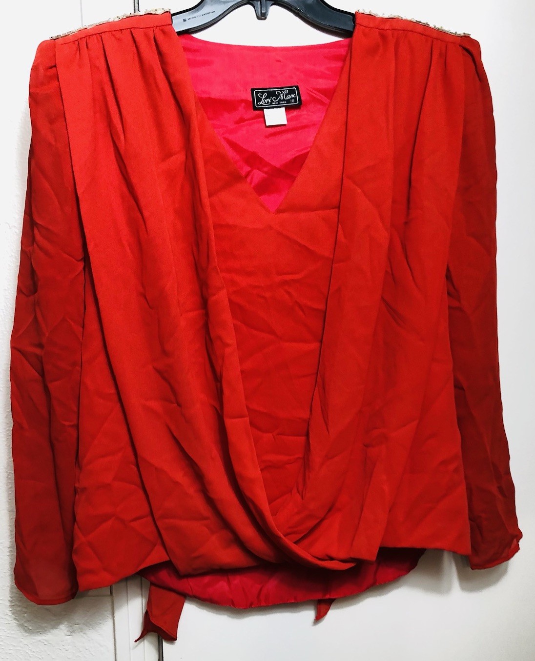 Vintage Lori Max Red Sequins Shoulder Pads V Nick Draped Rear Flowing Scarf Ends