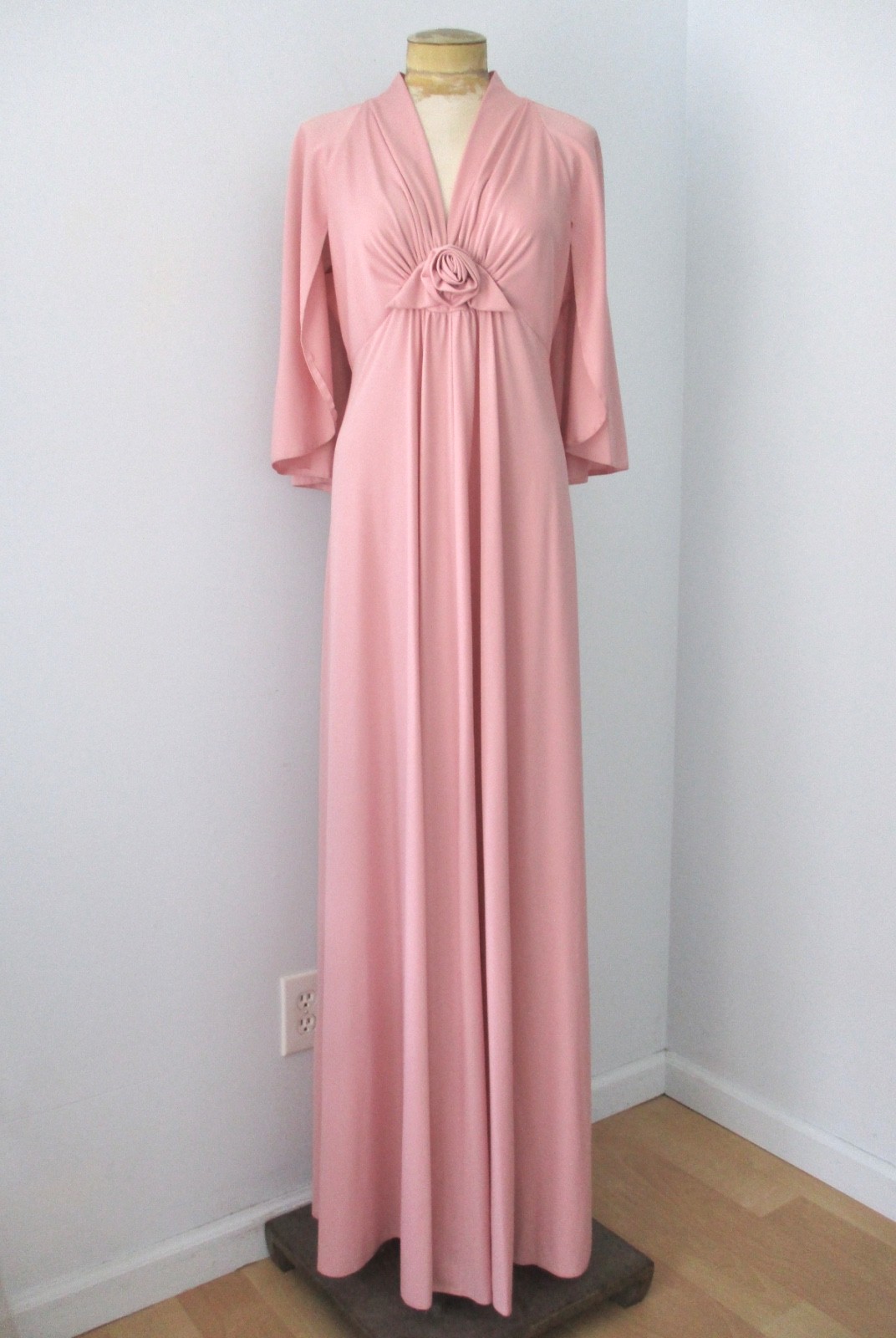 Vtg 70s Lorrie Deb Rose Pink Maxi Hostess Formal Empire Dress Cape Rosette S/M