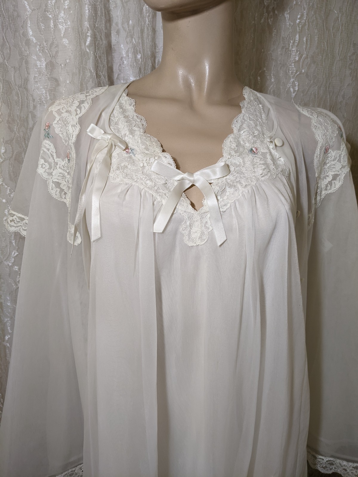 Vintage Shadowline Ivory Chiffon Lace Babydoll Nightgown Peignoir Robe Set PS