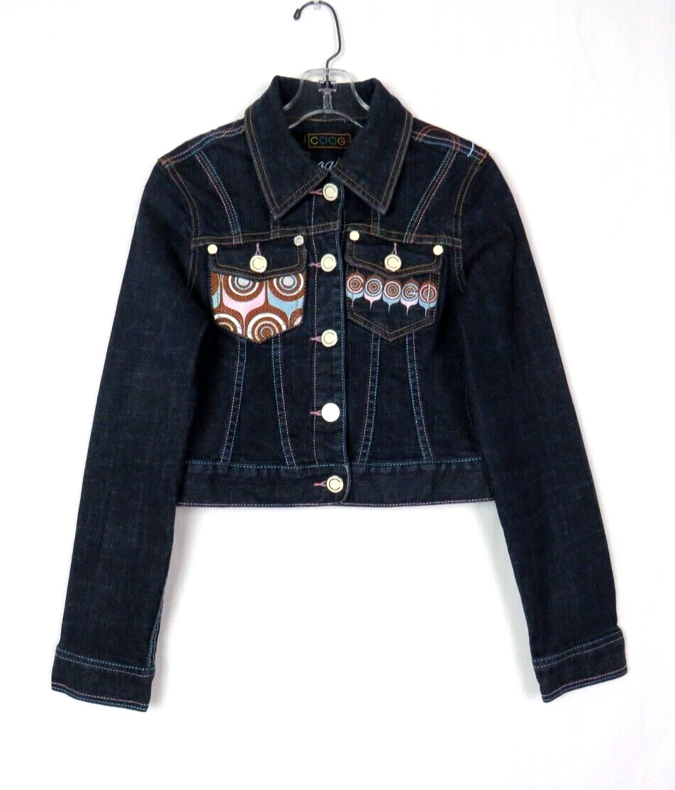COOGI VTG 1990s 2000s BLUE STRETCH DENIM JEAN CROP JACKET EMBROIDERY ENAMEL