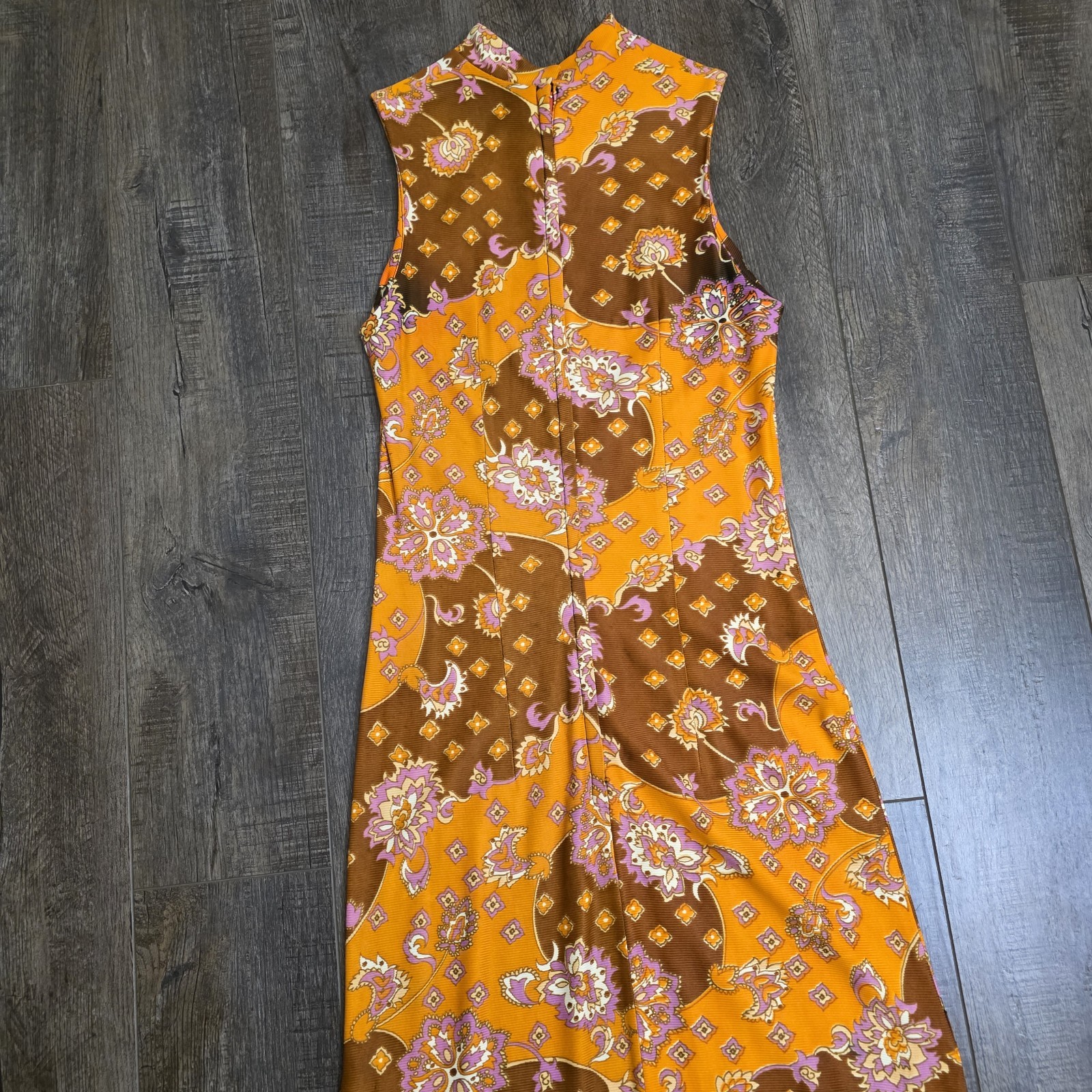 Vintage 60s 70s Maxi Dress Size 11 Orange Brown Floral Hippy Psychedelic Acetate
