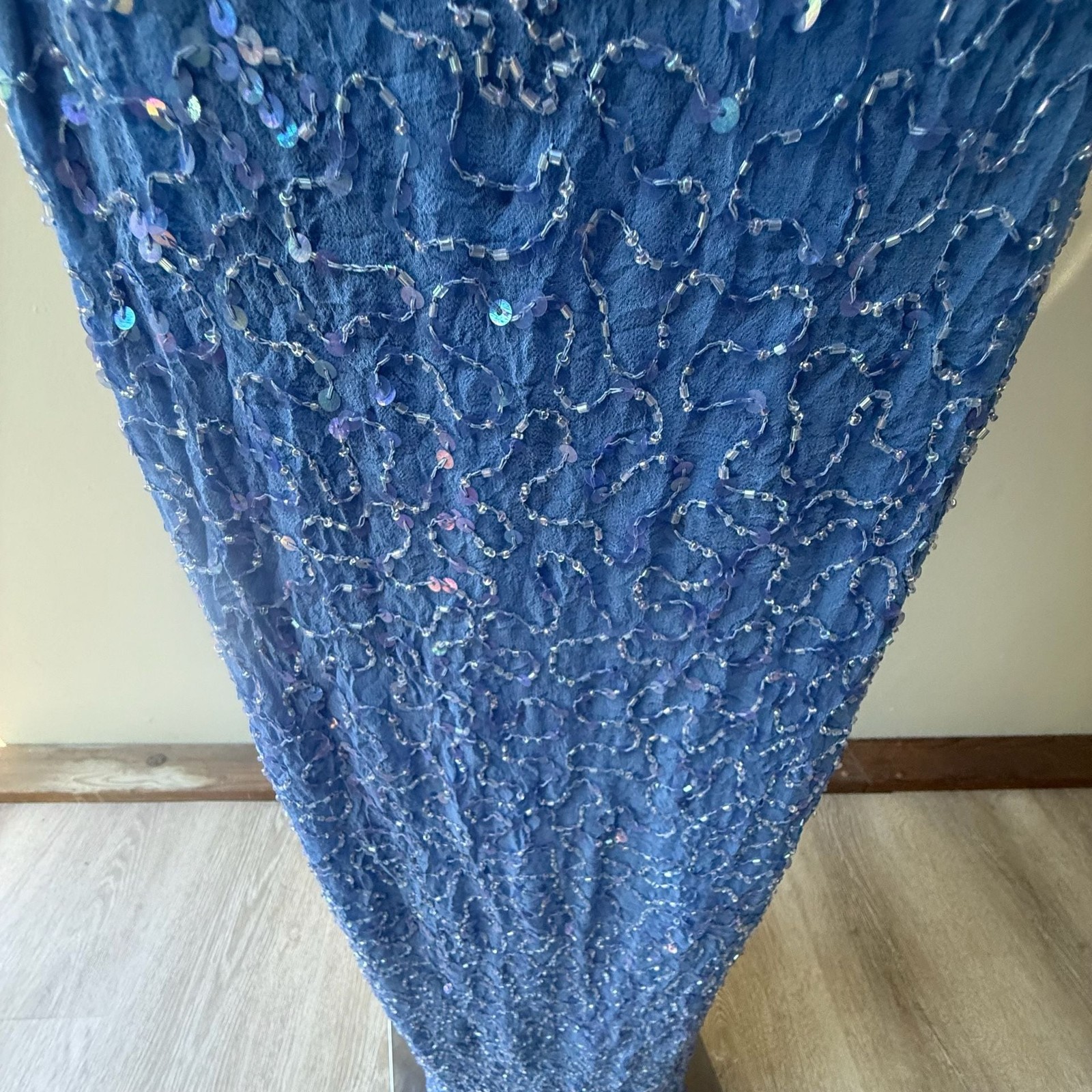 Vintage Blue Fully Beaded 100% Silk Maxi Column Evening Gown