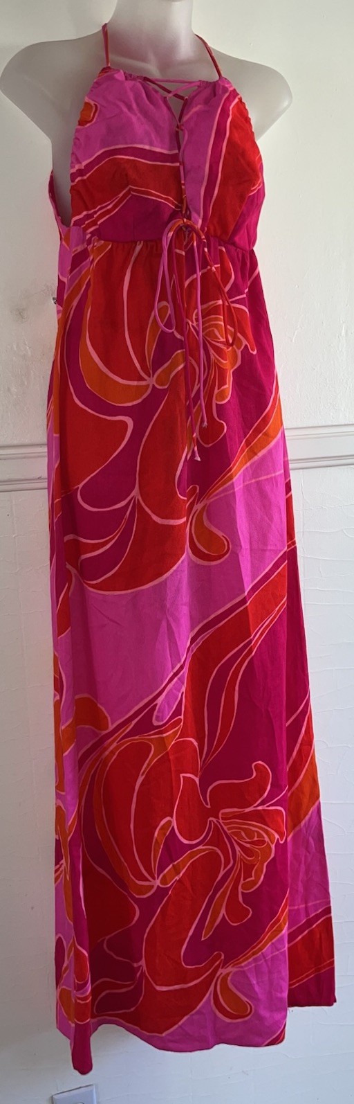 Vtg 1970s FUMI&rsquo;S At WAIKIKI Floral Pink Orange Bark Cloth Hawaiian Maxi Dress 10
