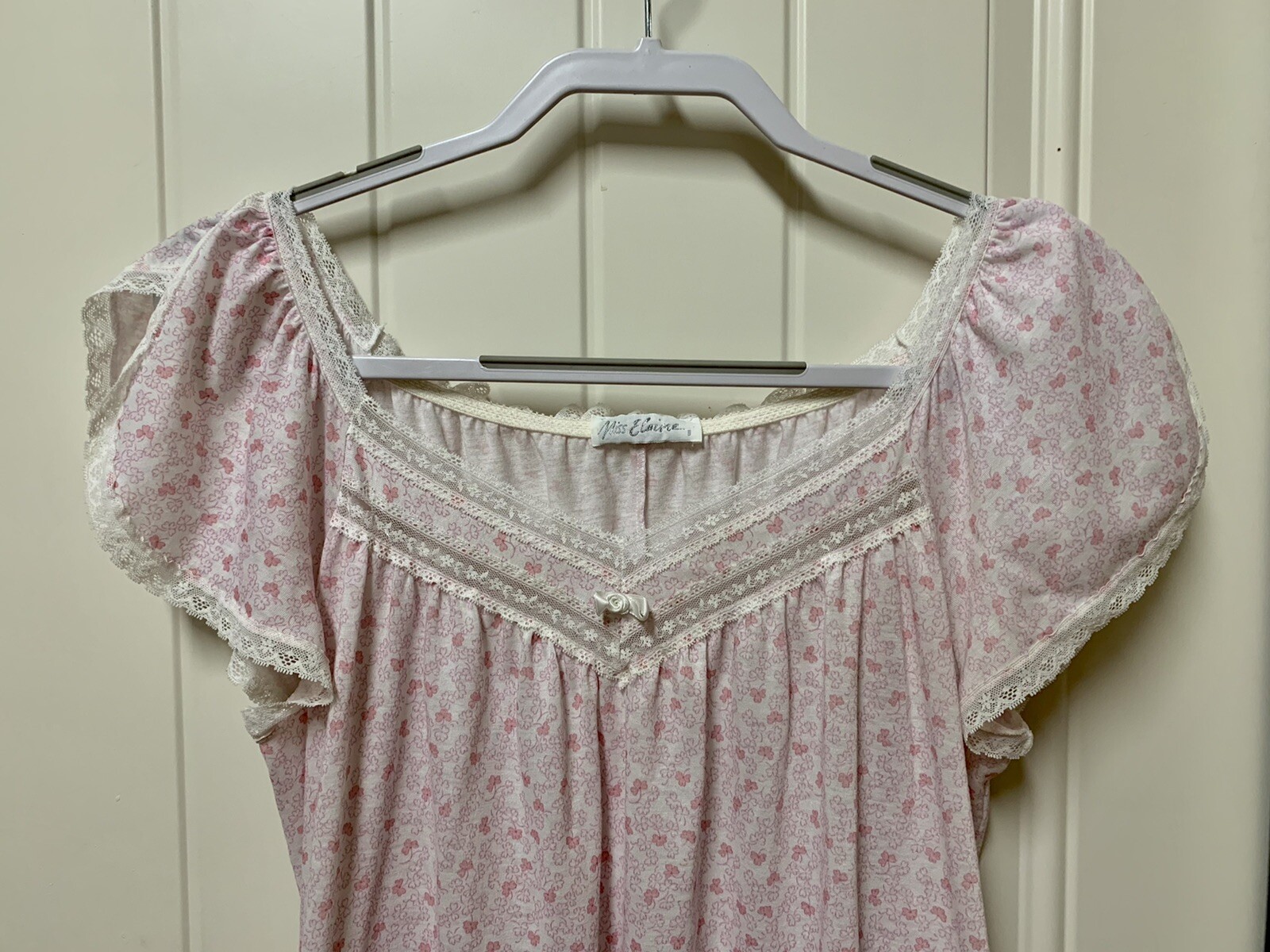 Miss Elaine Summer Nightgown Split Cap Sleeve Short Length Pink/White Sz Medium
