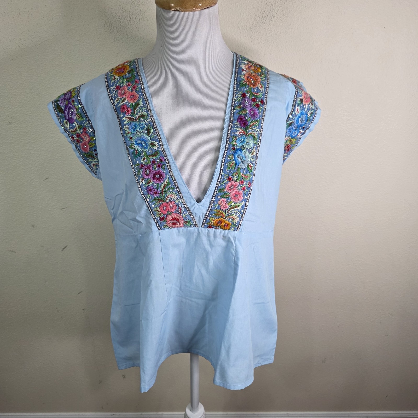 Vintage 1970&rsquo;s Women&rsquo;s Embroidered Handmade V neck Shirt Blouse Size M/L Peasant