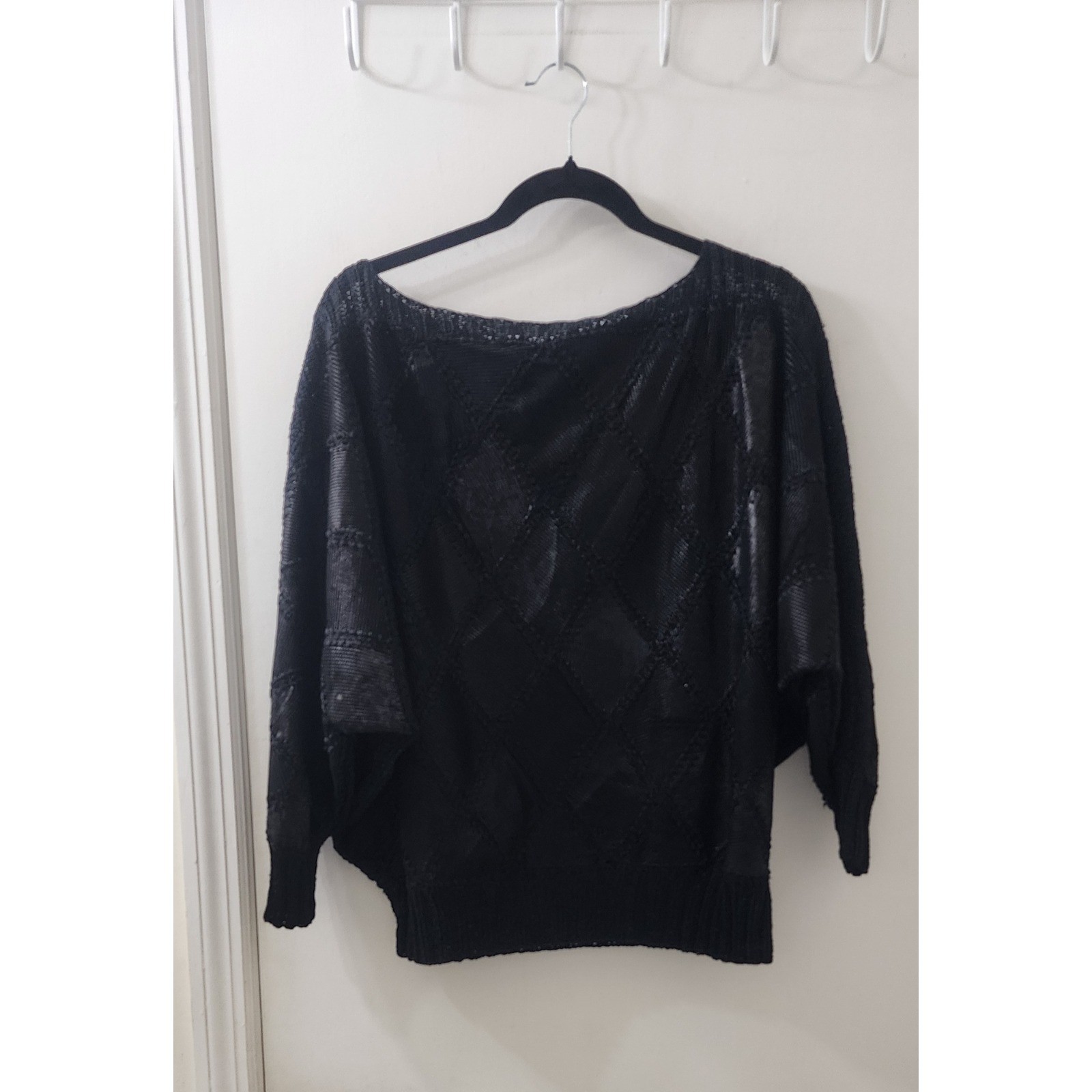 Vintage Black Diamond Knit 2 Piece Set Batwing Top Scalloped Midi Skirt L XL