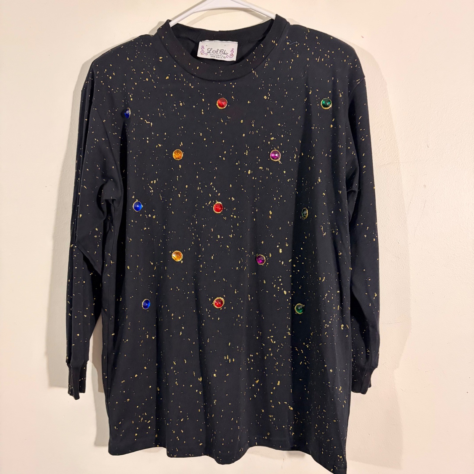 L.A. Chic Top Women OS Black Gold Splatter Jewel Embellished Vintage 80s GLAM