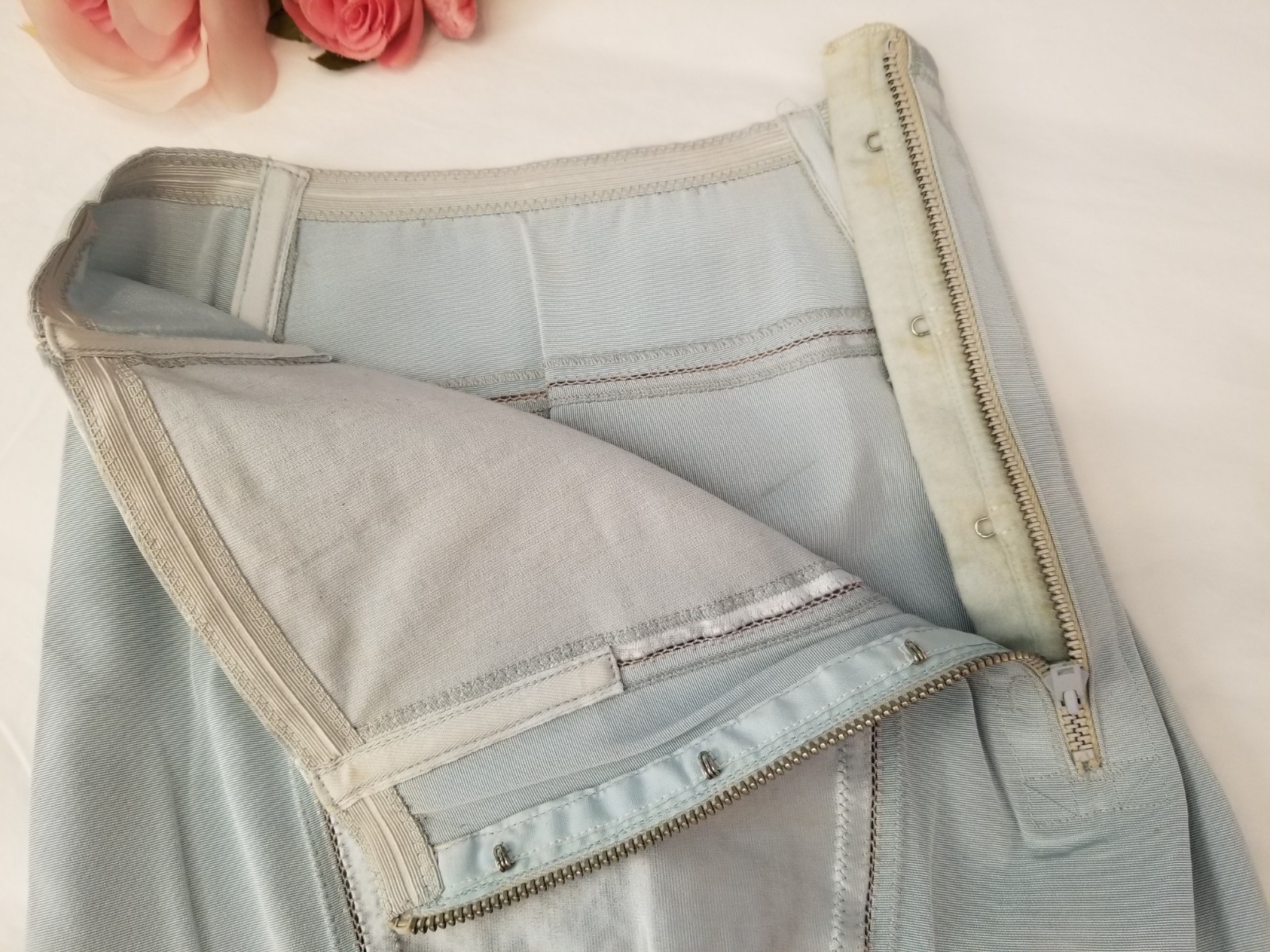 Rare Vintage 1930s Evelina Powder Blue Satin Corset Girdle Open Bottom w/Garters
