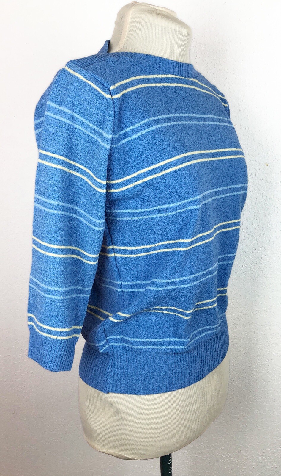 VTG Talbots Top Medium Knit Type 90s Blue USA 3/4 Sleeve Pullover Boat Neck NICE