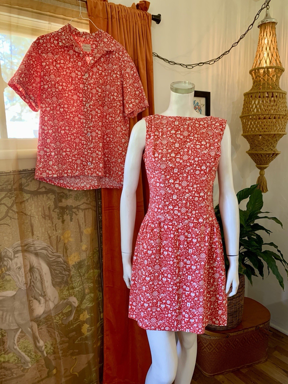 1960s vintage red FOLK ART novelty print rockabilly Dress & matching Mens Shirt
