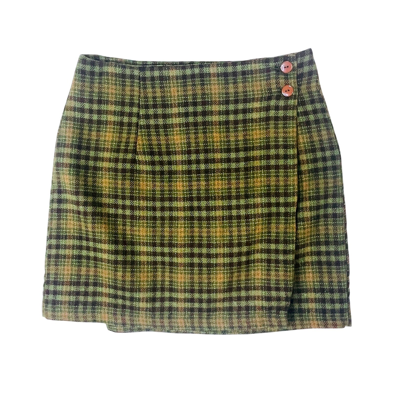 Vintage 35th & 10th Green Plaid Wrap Mini Skirt Size 13 30W Made in USA Academia