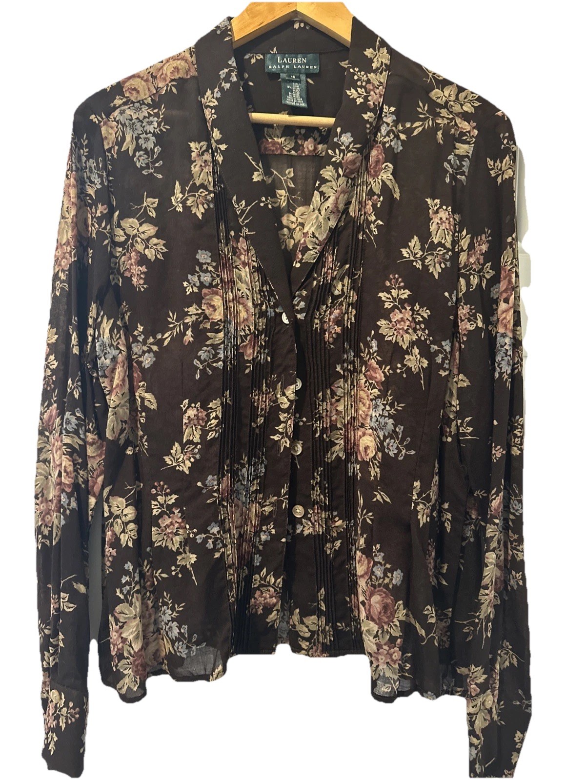 Ralph Lauren VTG Sz 16 Sheer Wool Brown Floral Shawl Blouse Romantic Victorian