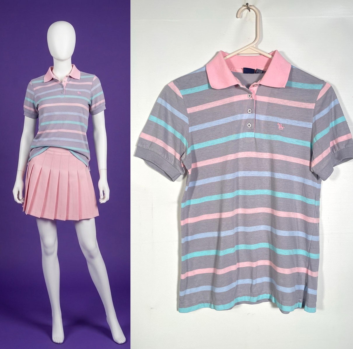 Vintage 80s/90s Gray Pastel Striped Polo Tshirt Size S