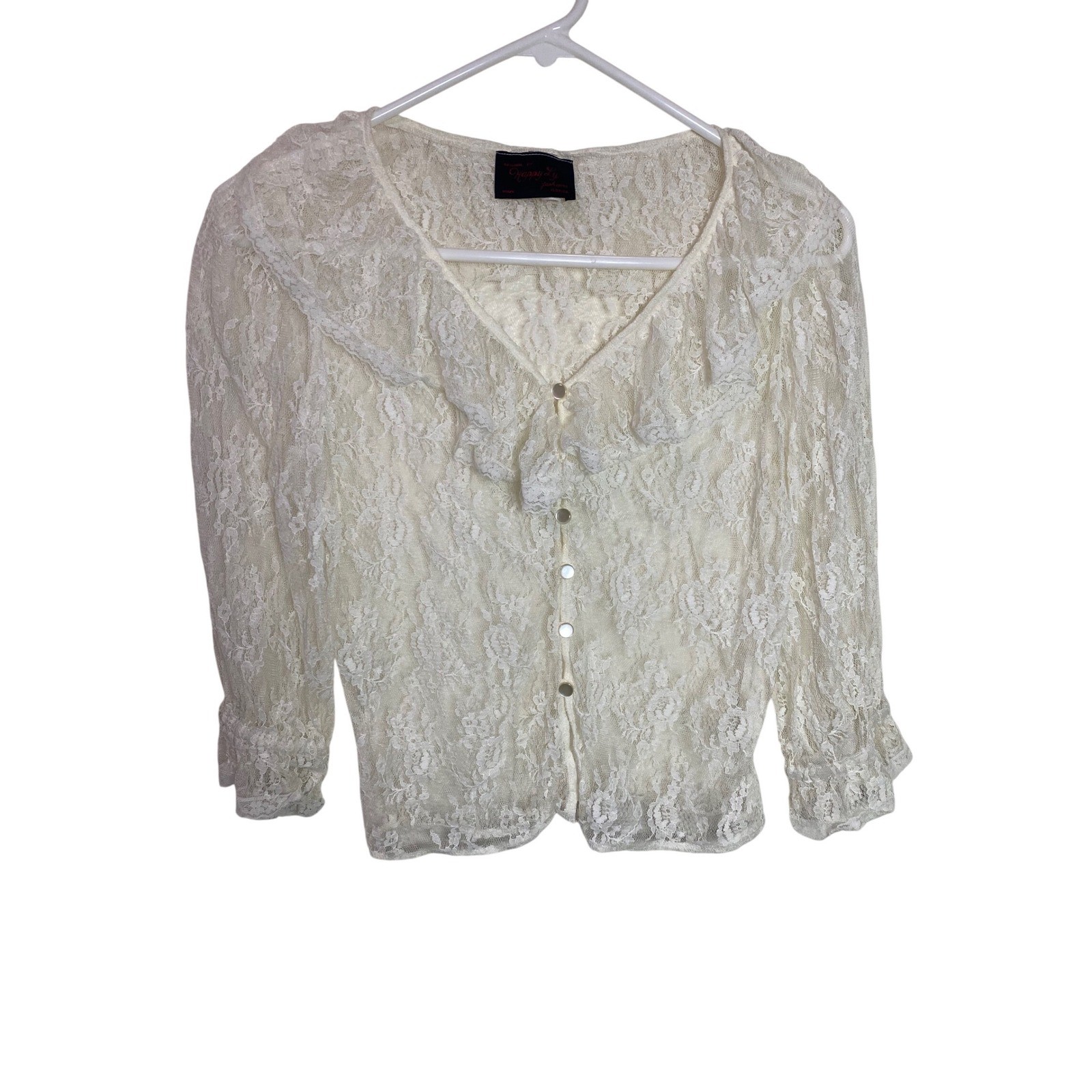 Vintage Happy Ly Fashions White Lace Ruffle Cardigan Top Sheer Regency Boho 5/6