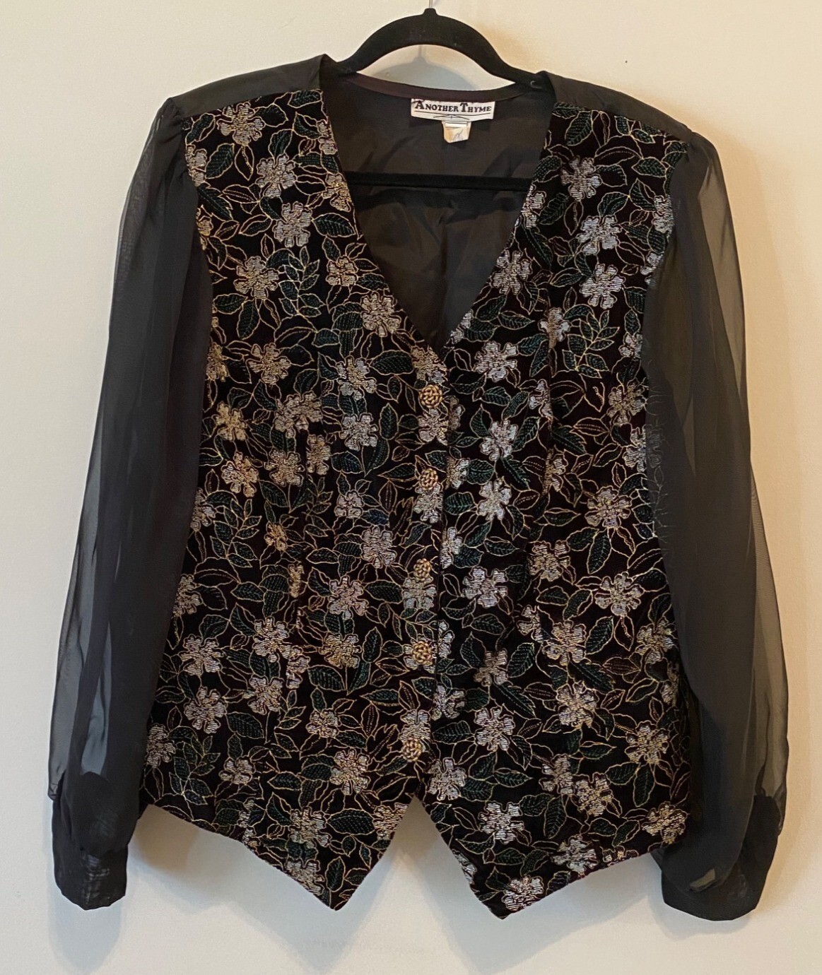 Another Thyme Boho Black Floral Vest Blazer Sheer Sleeves Blouse XL