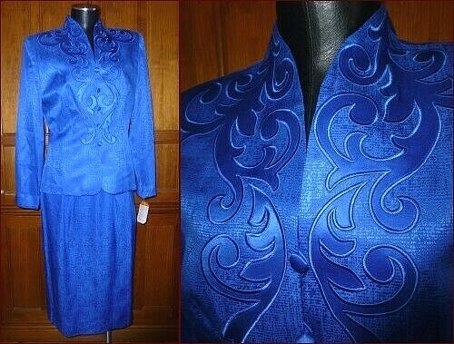 NwT Vintage ADRIANNA PAPELL Royal Blue 100% SILK dress Jacket Blazer Skirt SUIT