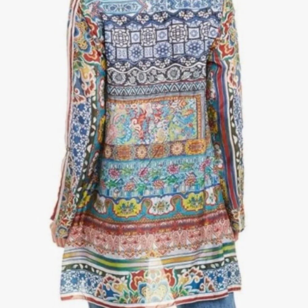New! Johnny Was Silk Frame Tunic Multicolor Patchwork Boho Blouse Medium