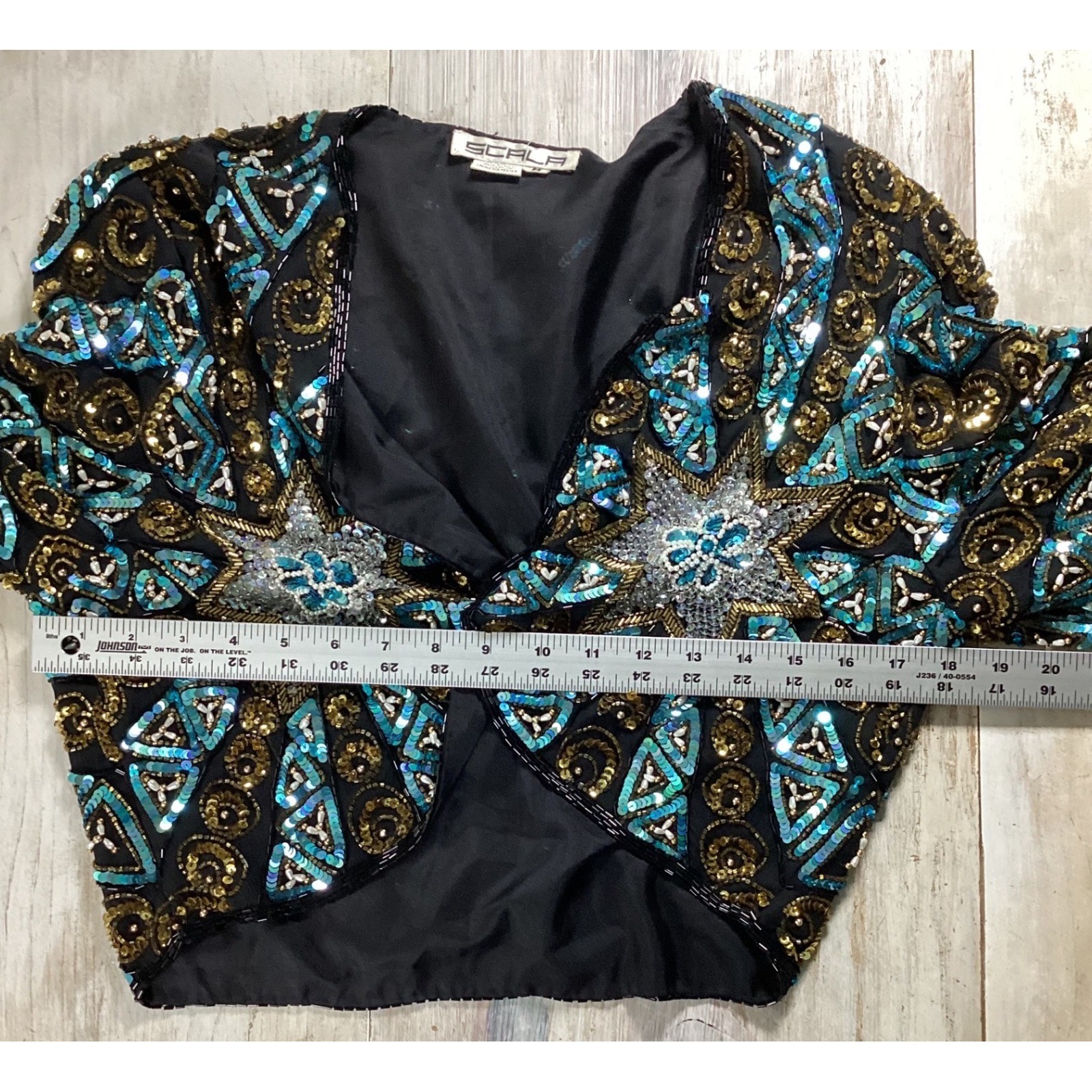 Scala Vintage Beaded Silk Bolero Jacket Gold Turquoise Sequin Starburst Medium