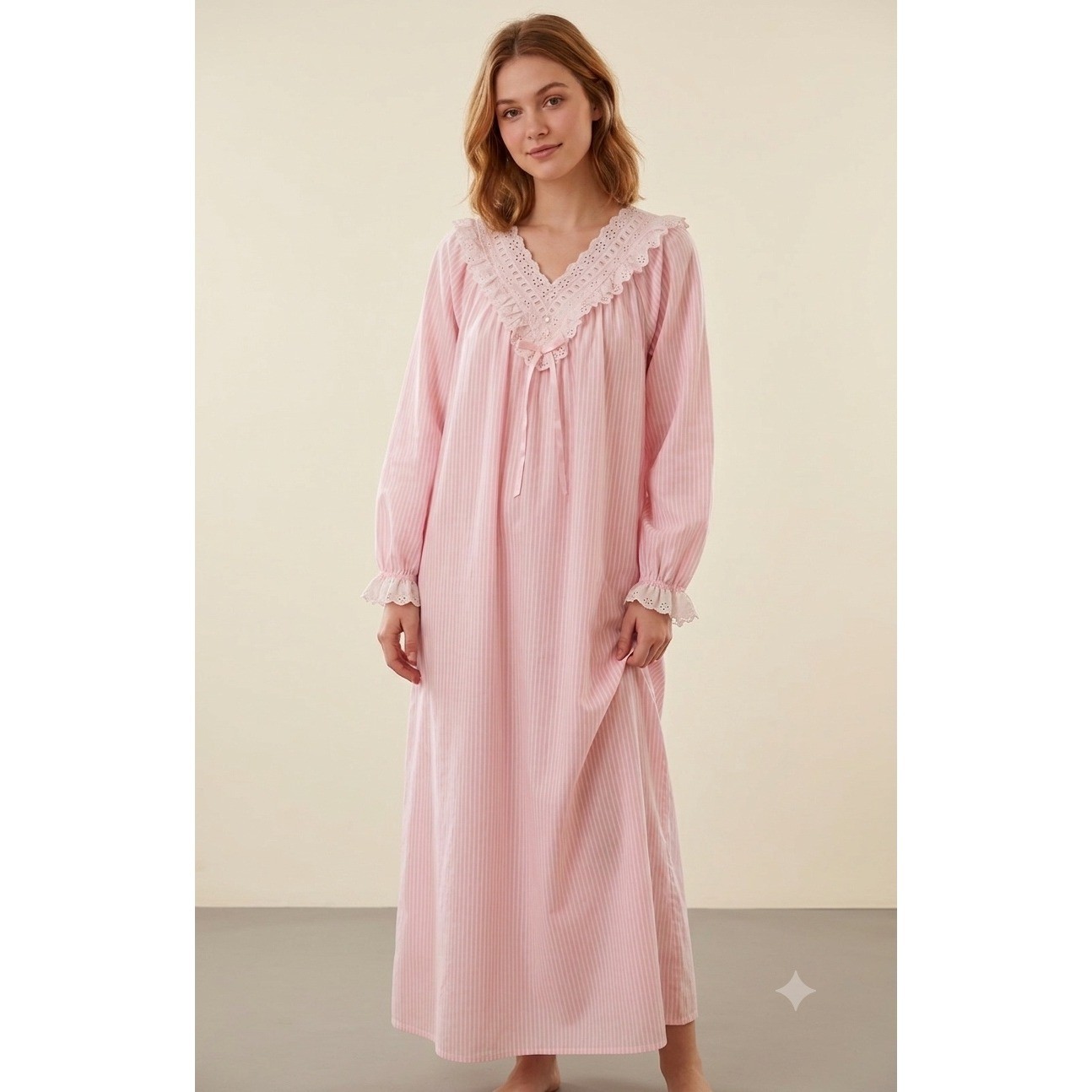 Vtg Donna Richard Gilligan O&rsquo;Malley Pink Pinstripe Eyelet Lace Nightgown Cottage