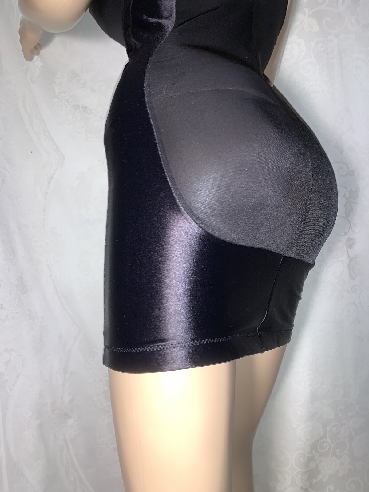 38 DD Vintage Short BLACK Satin Spandex One Pc Girdle Full Bra Slip Briefer