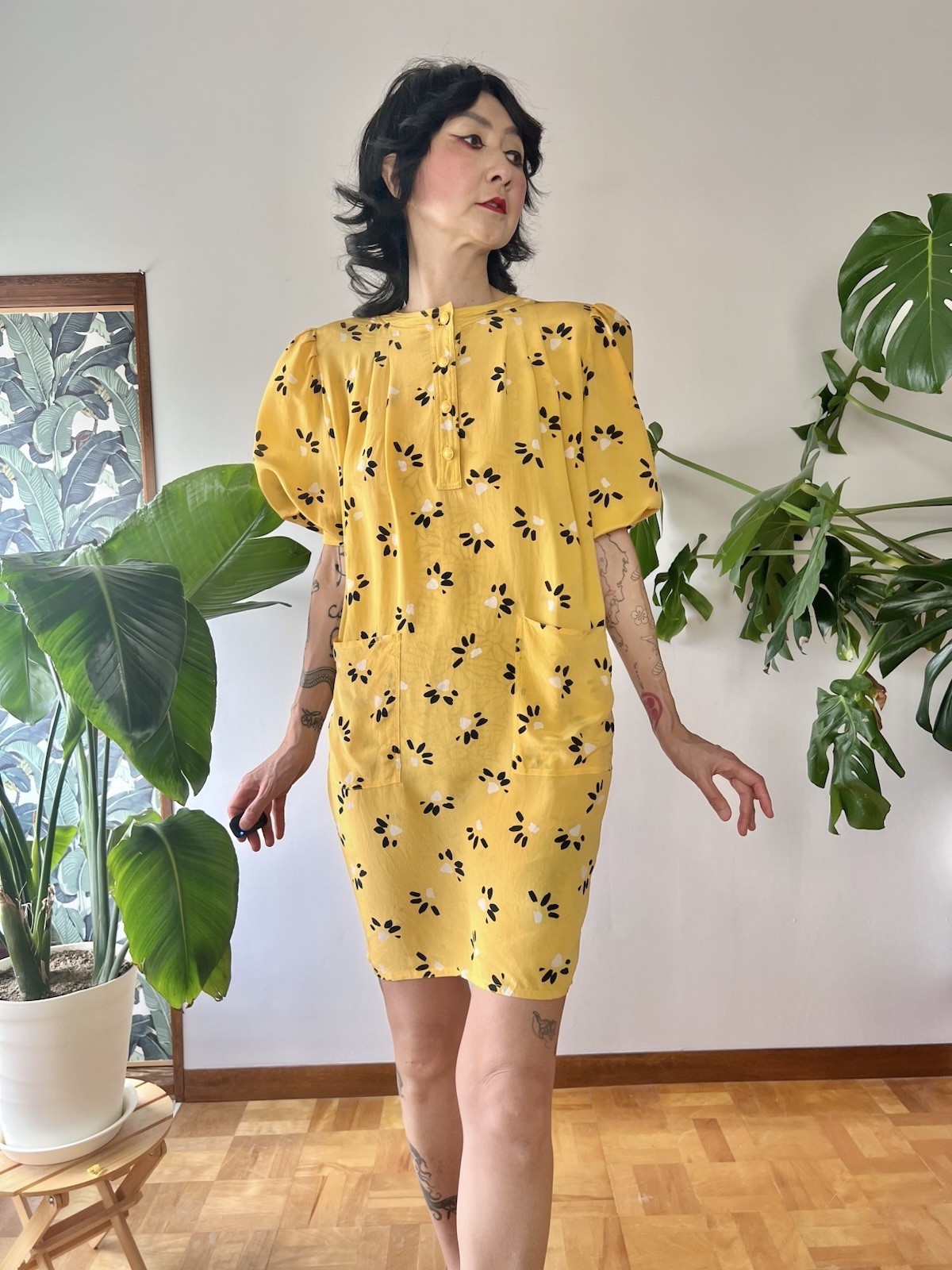 Vintage 80s Ungaro Solo Donna Italy Silk Puff Sleeve Mini Dress Yellow XS-M