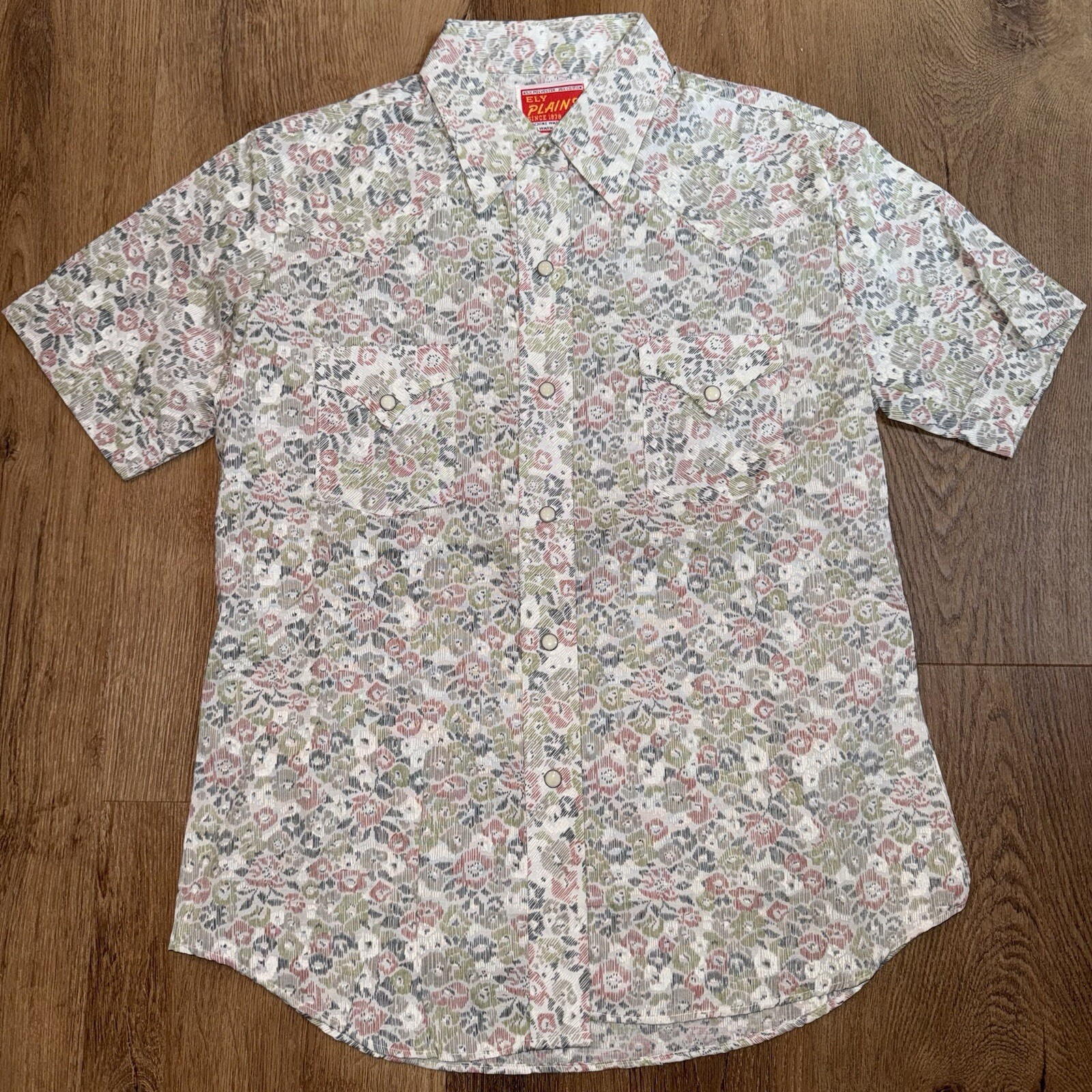 Vtg Pearl Snap Shirt Ely Plains Western Rockabilly AOP Floral 70s Size 13 14