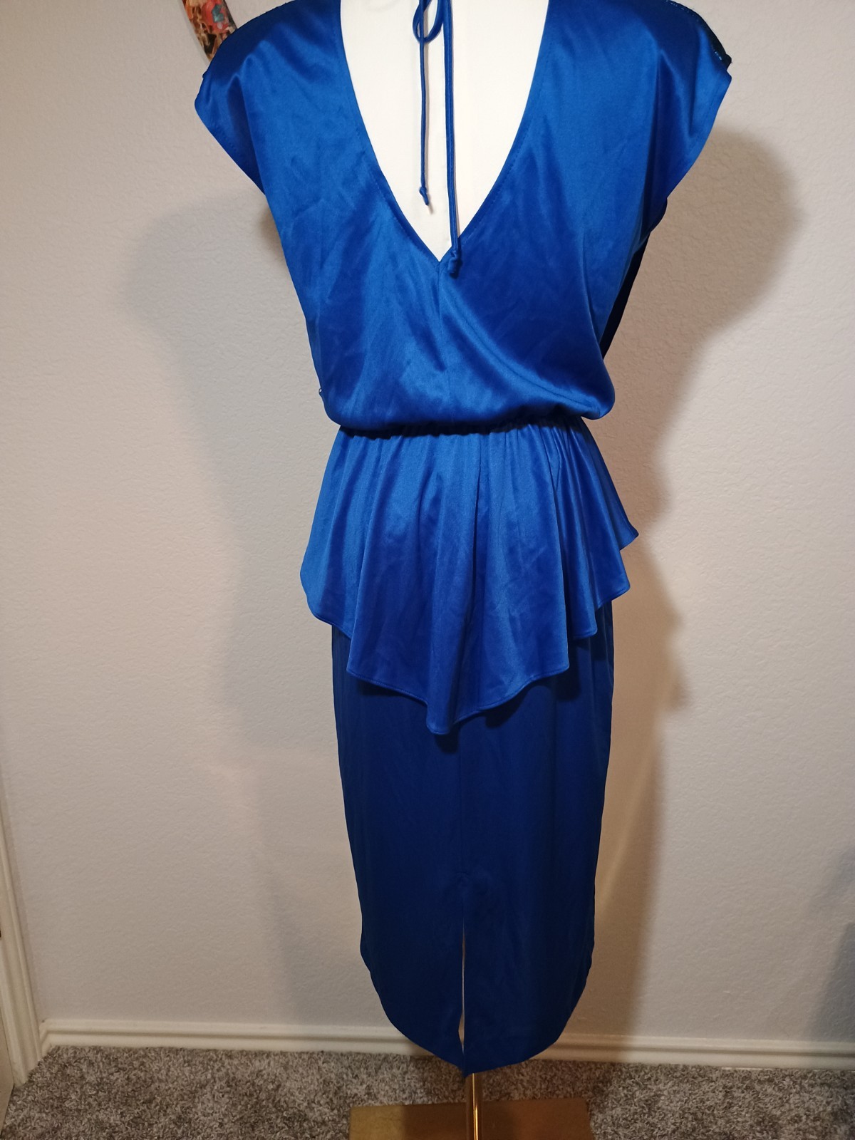 Vintage 80s Slinky Disco Royal Blue Plunging Ruched Drape Party Cocktail Dress
