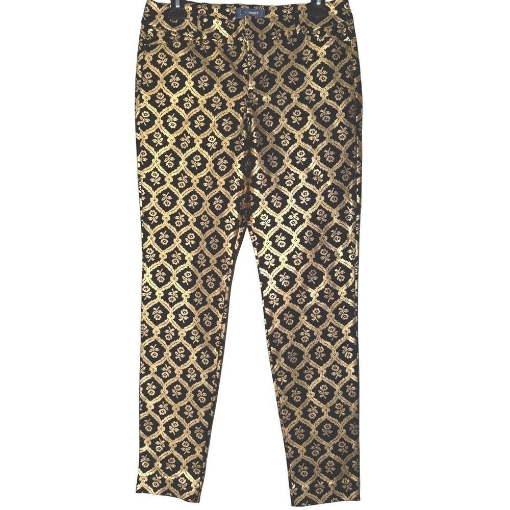 Old Navy Pixie Mid Rise Black Gold Floral Brocade Skinny Pants Size 6