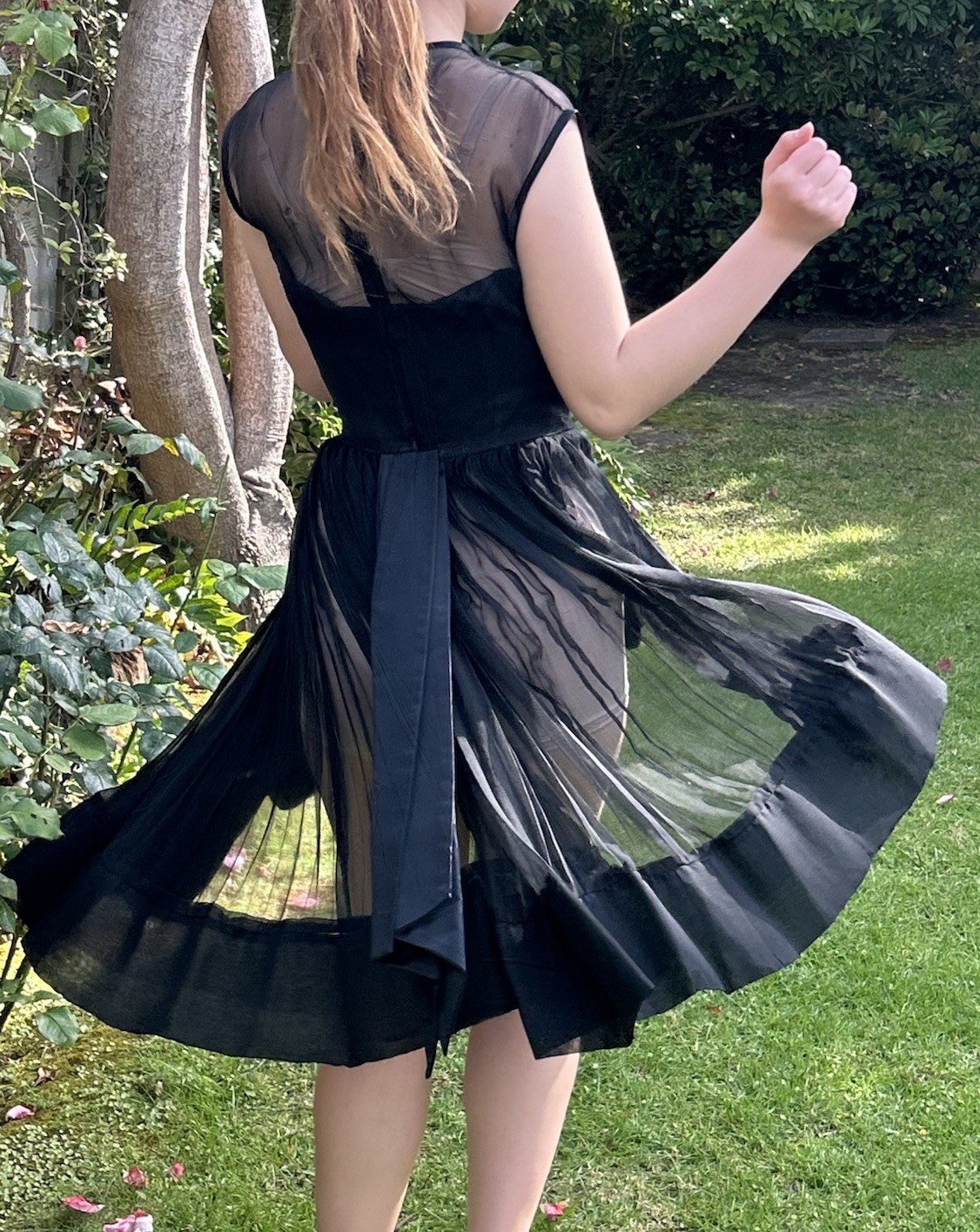 Vintage 50s M Silk Chiffon Sheer Pleated Evening Dress Sexy Full Circle