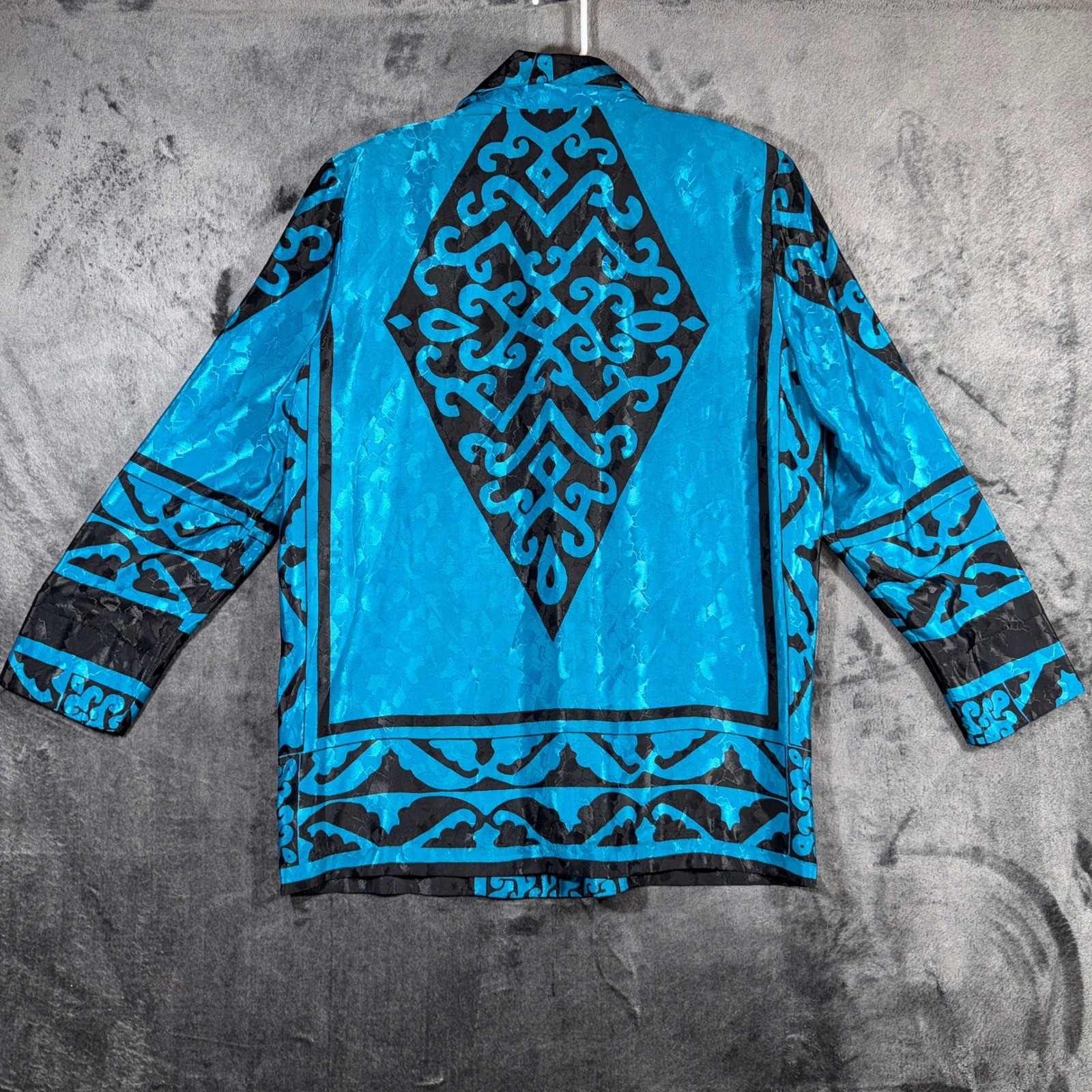Versailles Vintage Blazer Turquoise Black Geometric Jacquard Shawl Collar M 2935