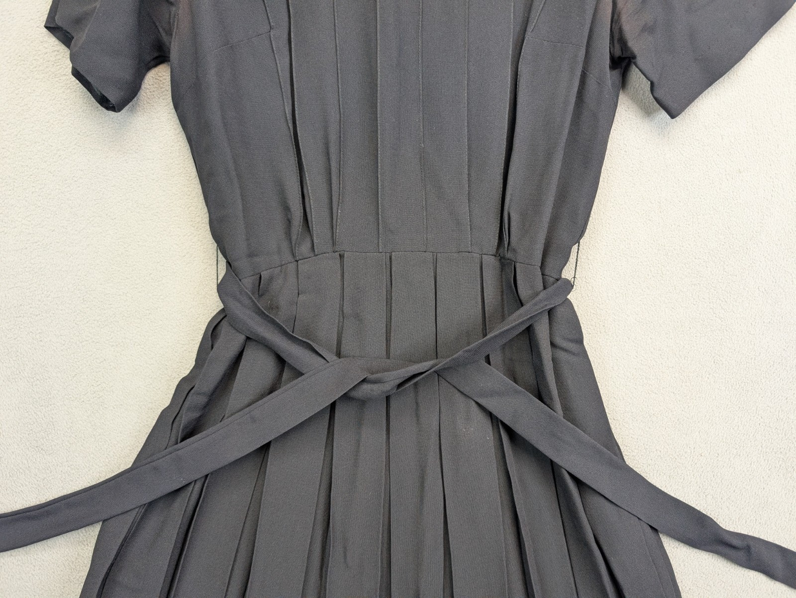 Vintage 60s Classic Black Belted Dress w/ Pleated Skirt Sheer Size 6