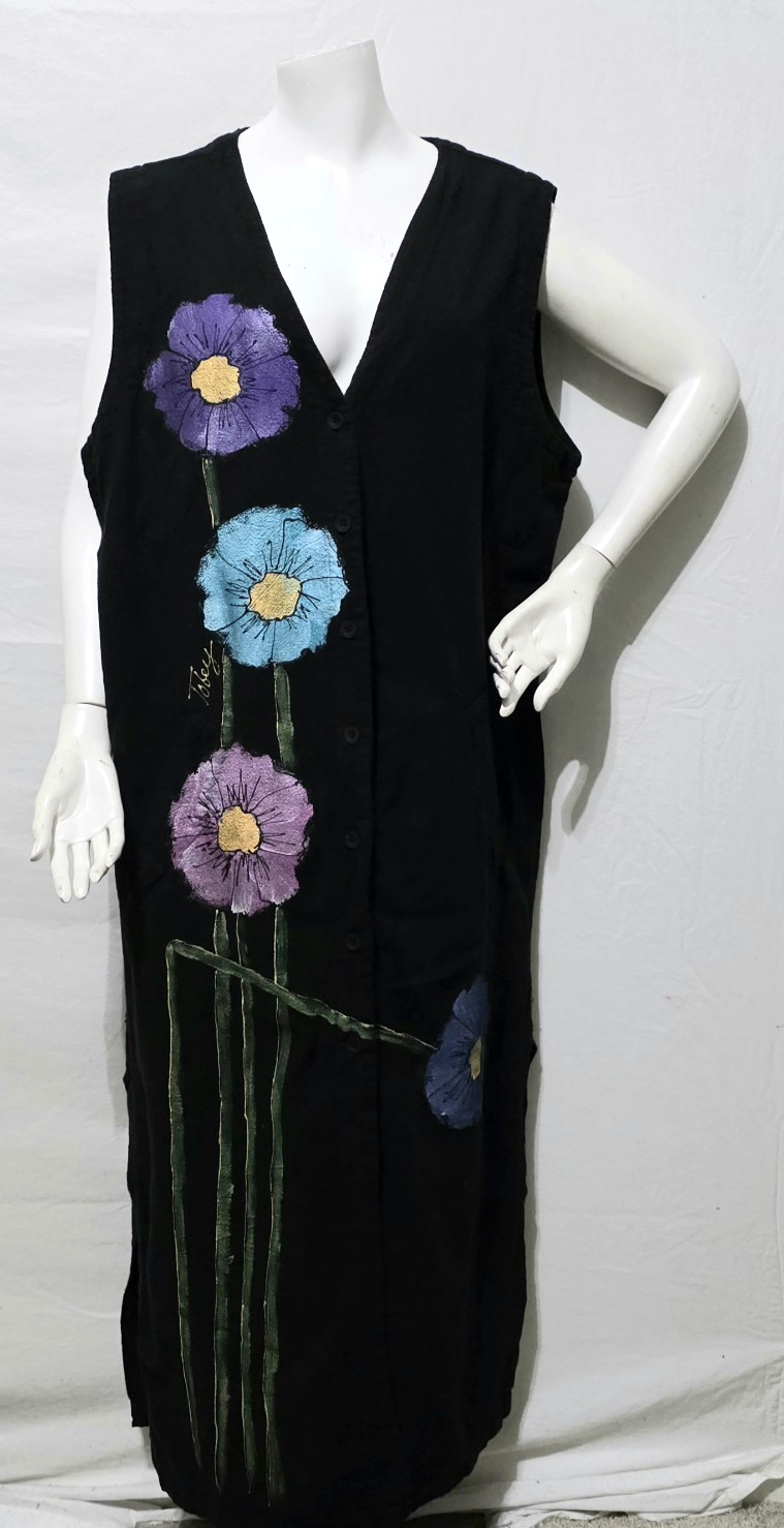 Vtg Hari Casuals XL Dress Jumper Long Hand Painted Flowers Button Up Artsy &rsquo;90s