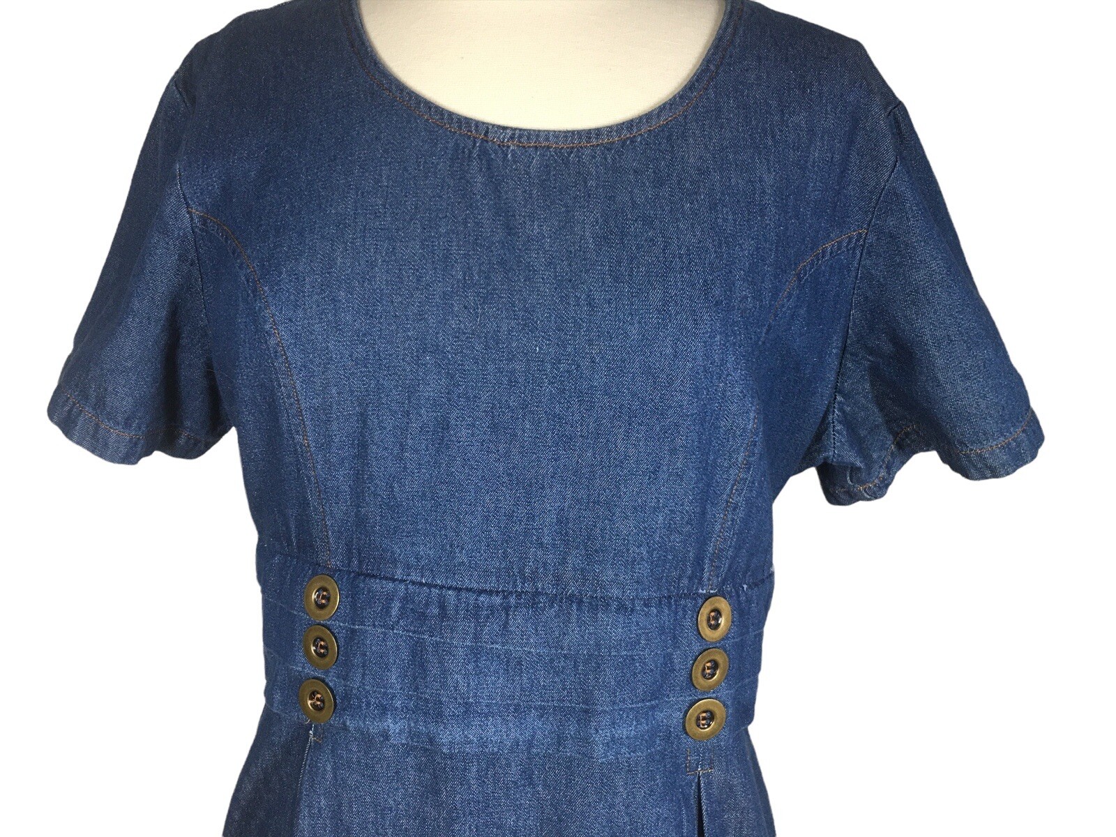 Vintage Mirrors 2 Denim Chambray Maxi Dress Size 16 Back Tie Zipper Short Sleeve