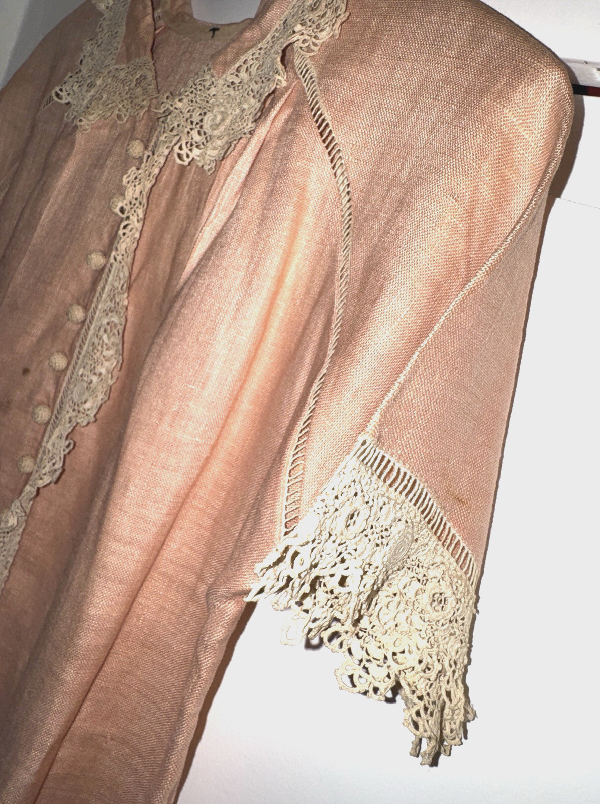 Vtg Antique Peach LINEN + LACE Button-Up Blouse MINI DRESS Robe 29&Prime; Victorian