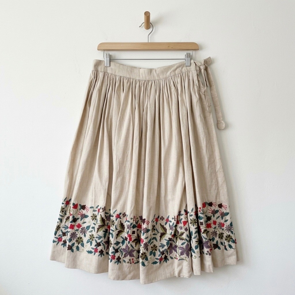 Products of India Vintage Beige Raw Silk Floral Embroidered Midi Skirt 27 Waist