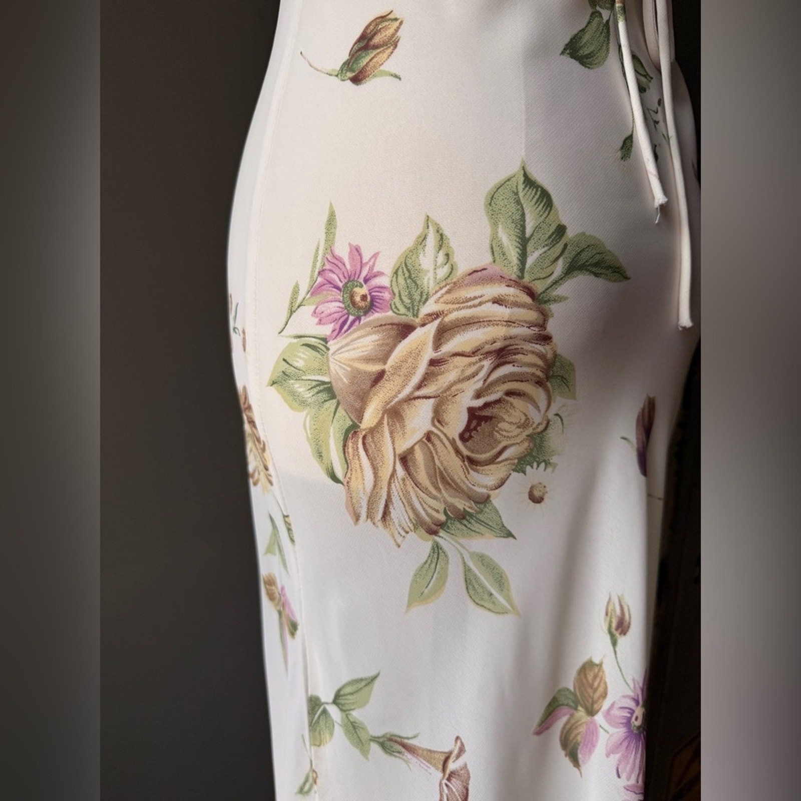 Vintage 90s Floral Slip Maxi Dress | Bias Cut Cream Rose Print Cottagecore | XS