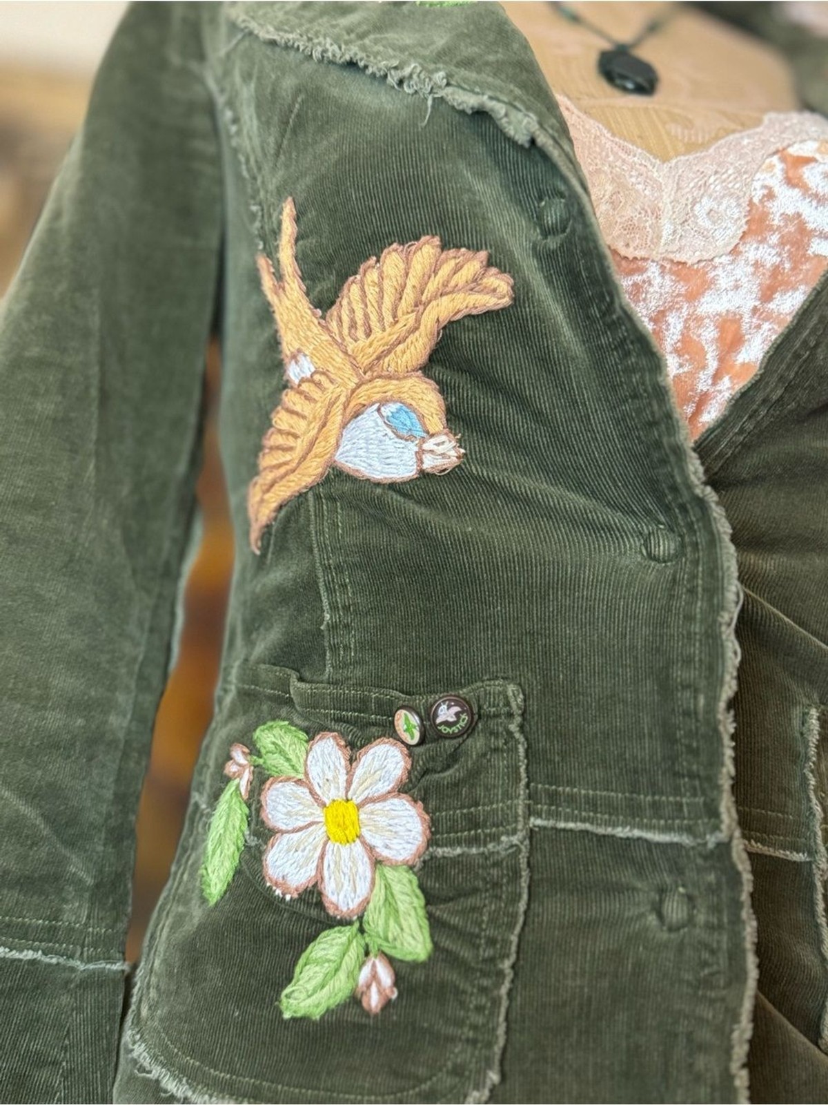 Joystick Hand-Embroidered Velvet Jacket – Olive Green Boho Blazer Rare – S/XS