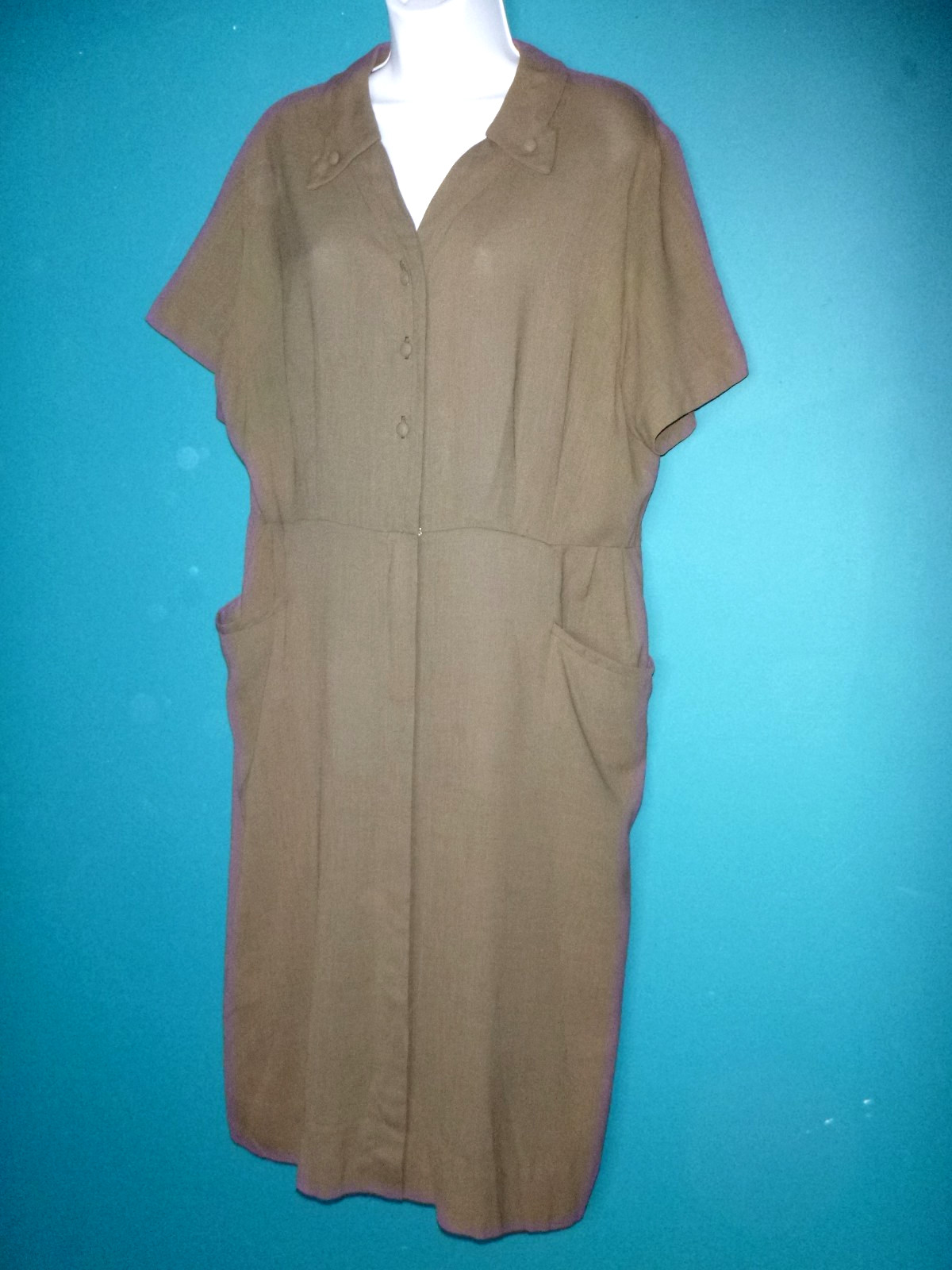Vtg 1940s Cay Artley Olive Green Day Dress Cute Details VOLUP Sz XL/XXL