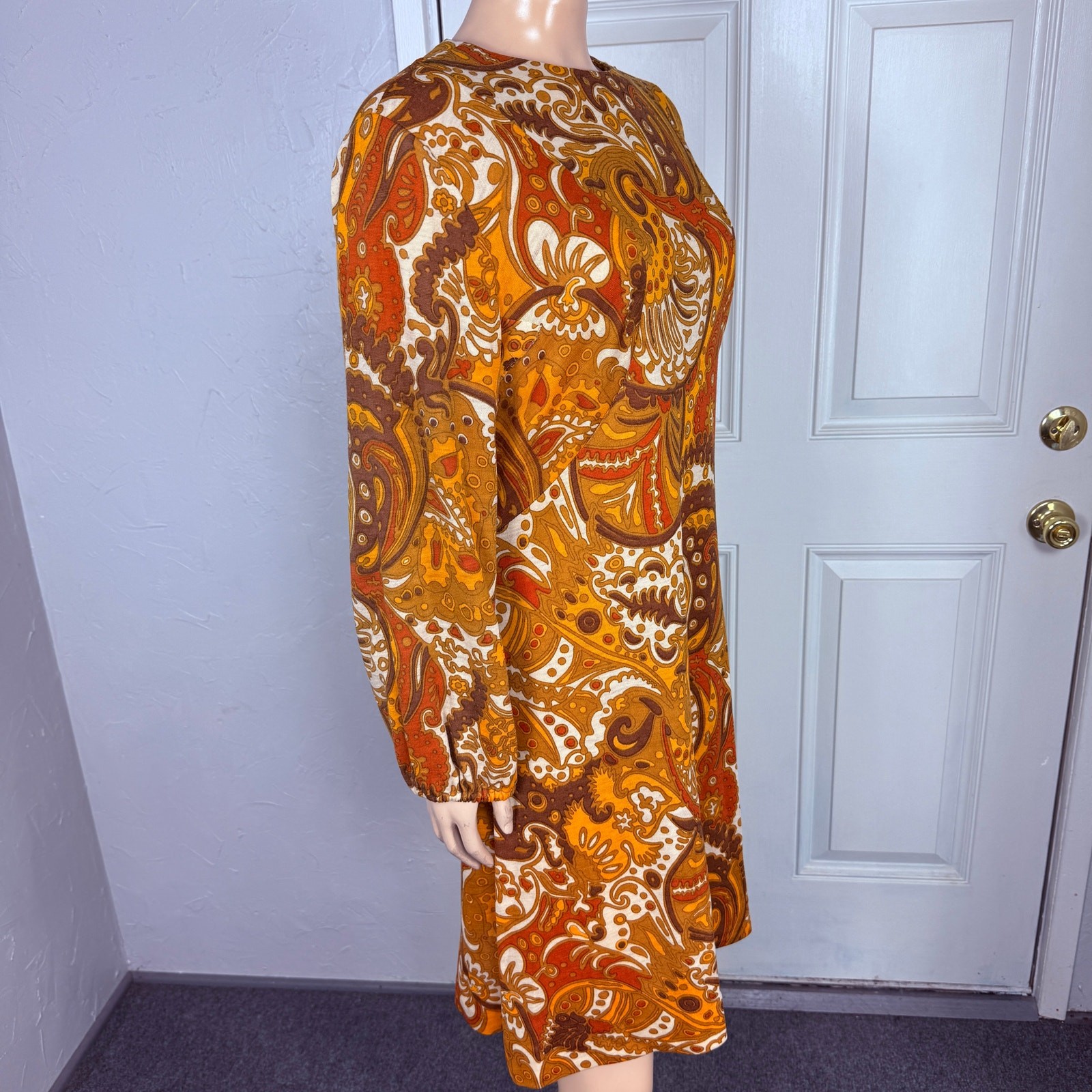 Vintage 70s Unbranded Women&rsquo;s Dress Wool Paisley Mod Retro Long sleeve L3-20