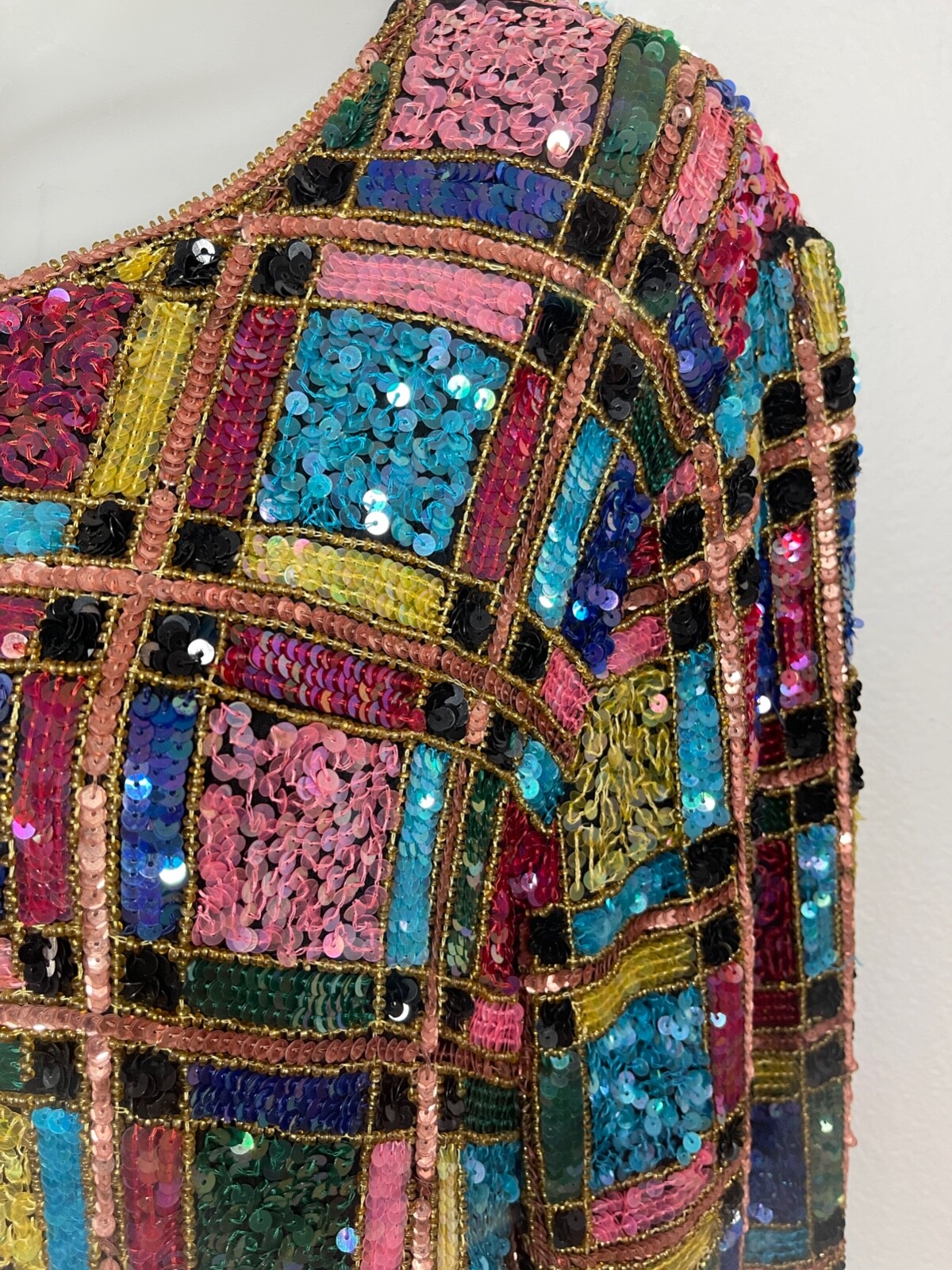 Channa Evening Jacket Sequin Embellished Silk Color Block Party Top VTG 80s M