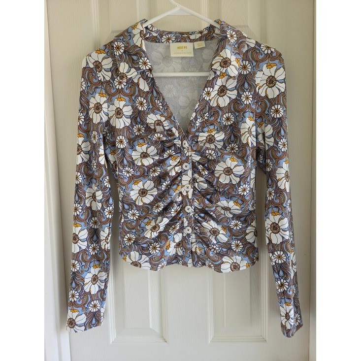 Maeve Anthropologie Retro 70s Floral Ruched Button Down Top Blouse Brown Blue S