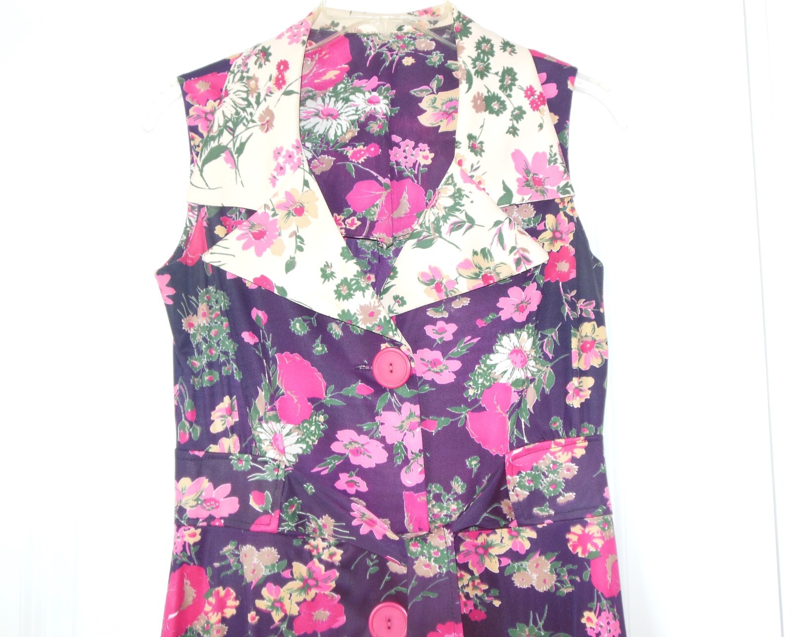 Vintage Floral Dress sz ~S Large Collar Button Front w Belt 60&rsquo;s 70&rsquo;s Sleeveless