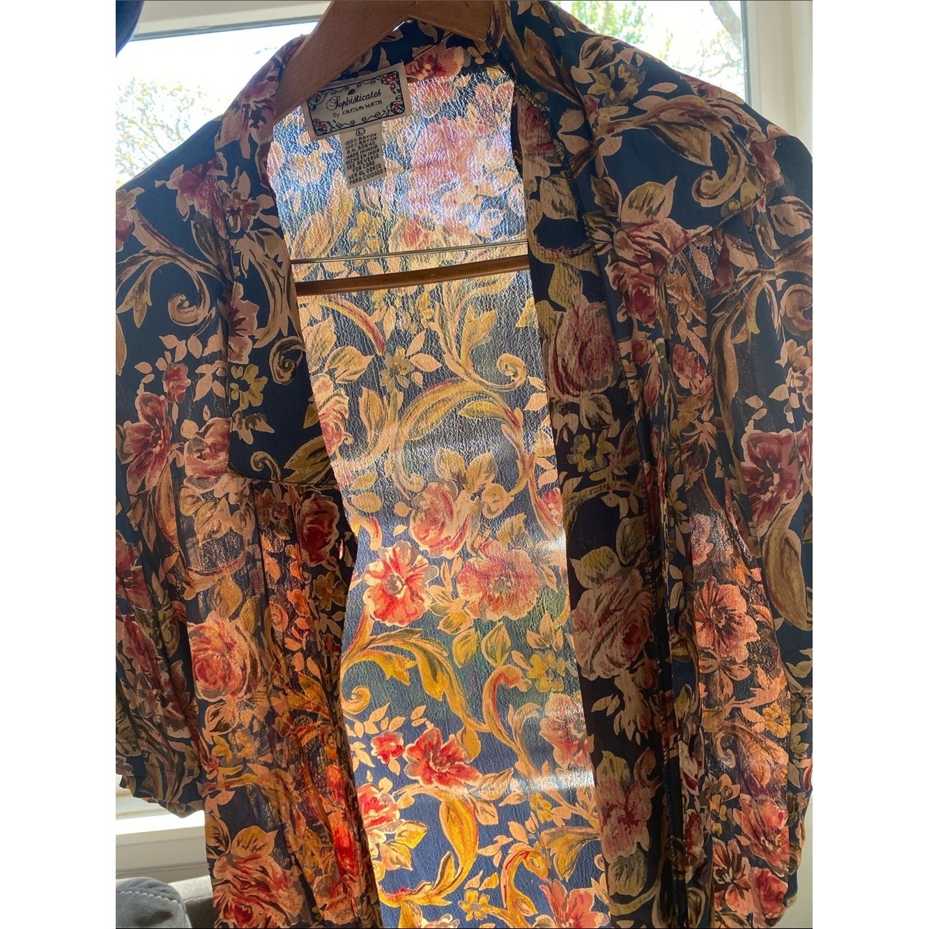 jonathan martin Sophisticates Navy Floral Button-Down Short Sleeve Blouse Vtg