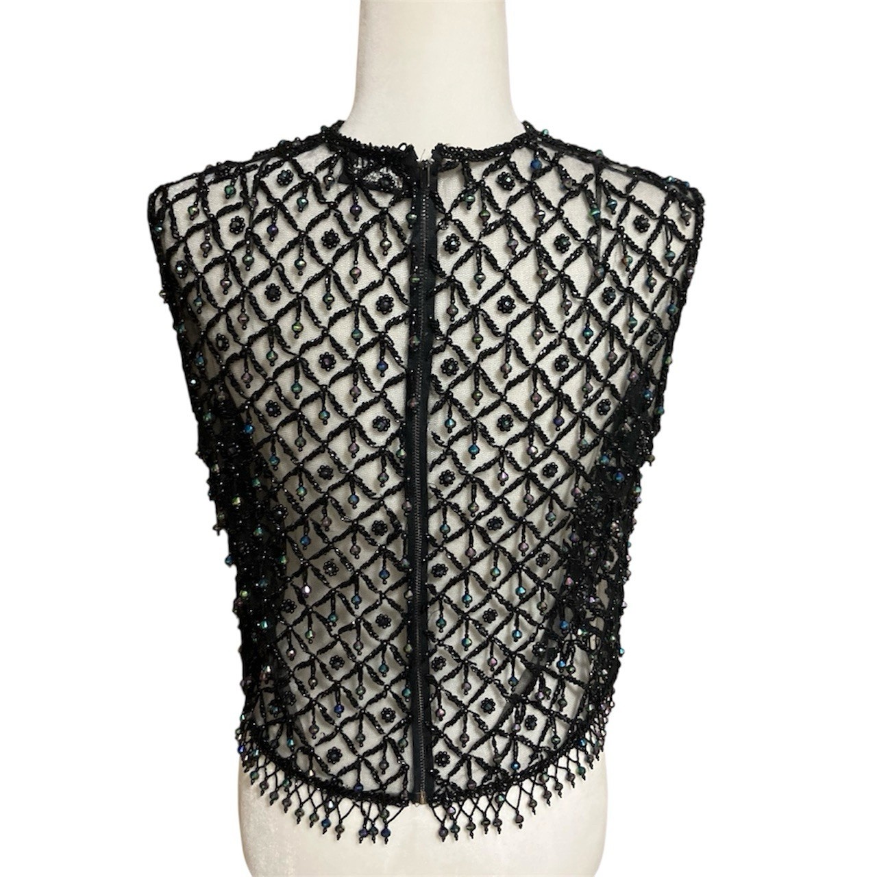 Vintage Handmade Beaded Mesh Iridescent Sleeveless Black Top