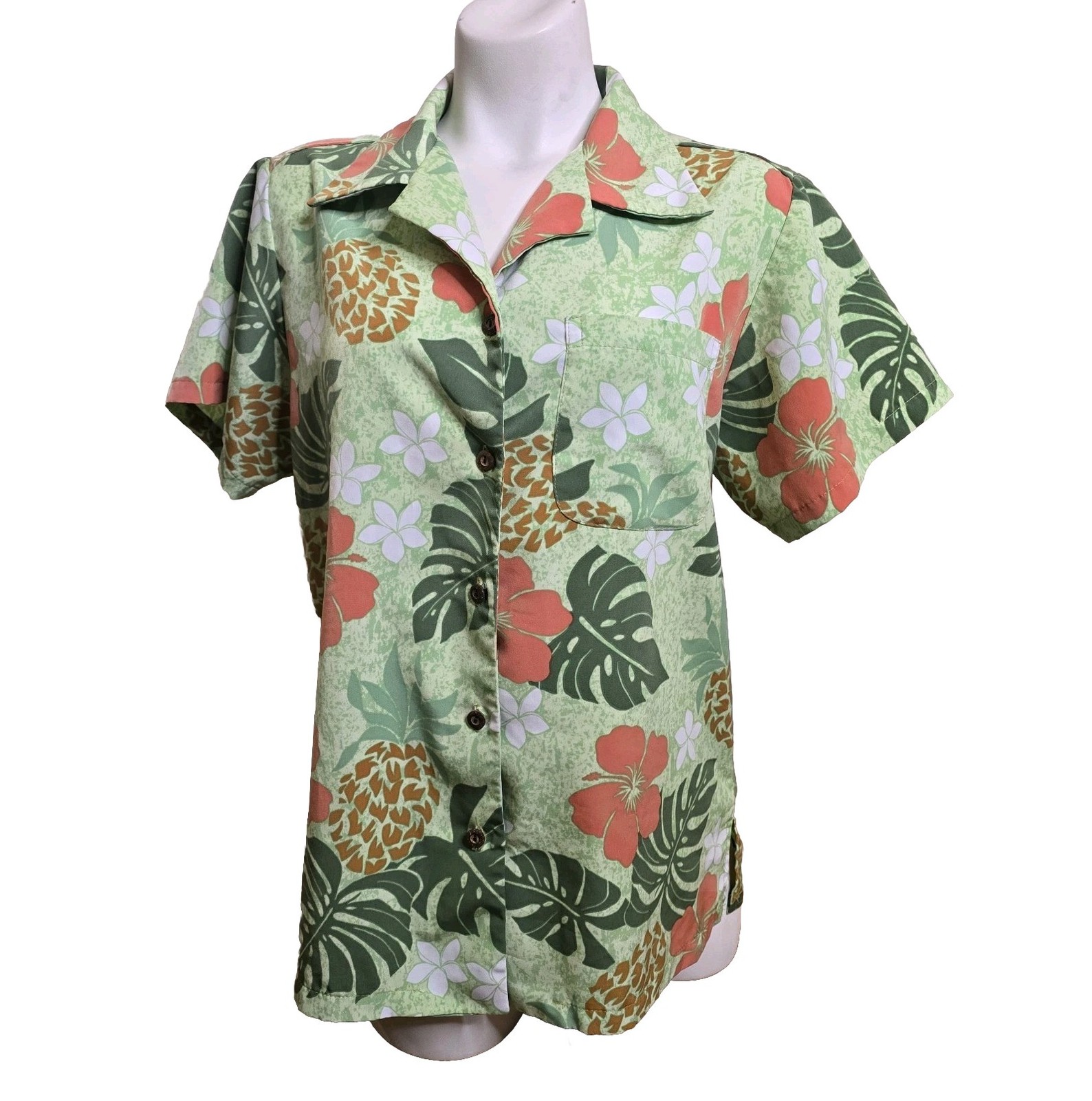 Malihini Hawaii Women&rsquo;s L Short Sleeve Green Floral Camp Collar Button Up Shirt