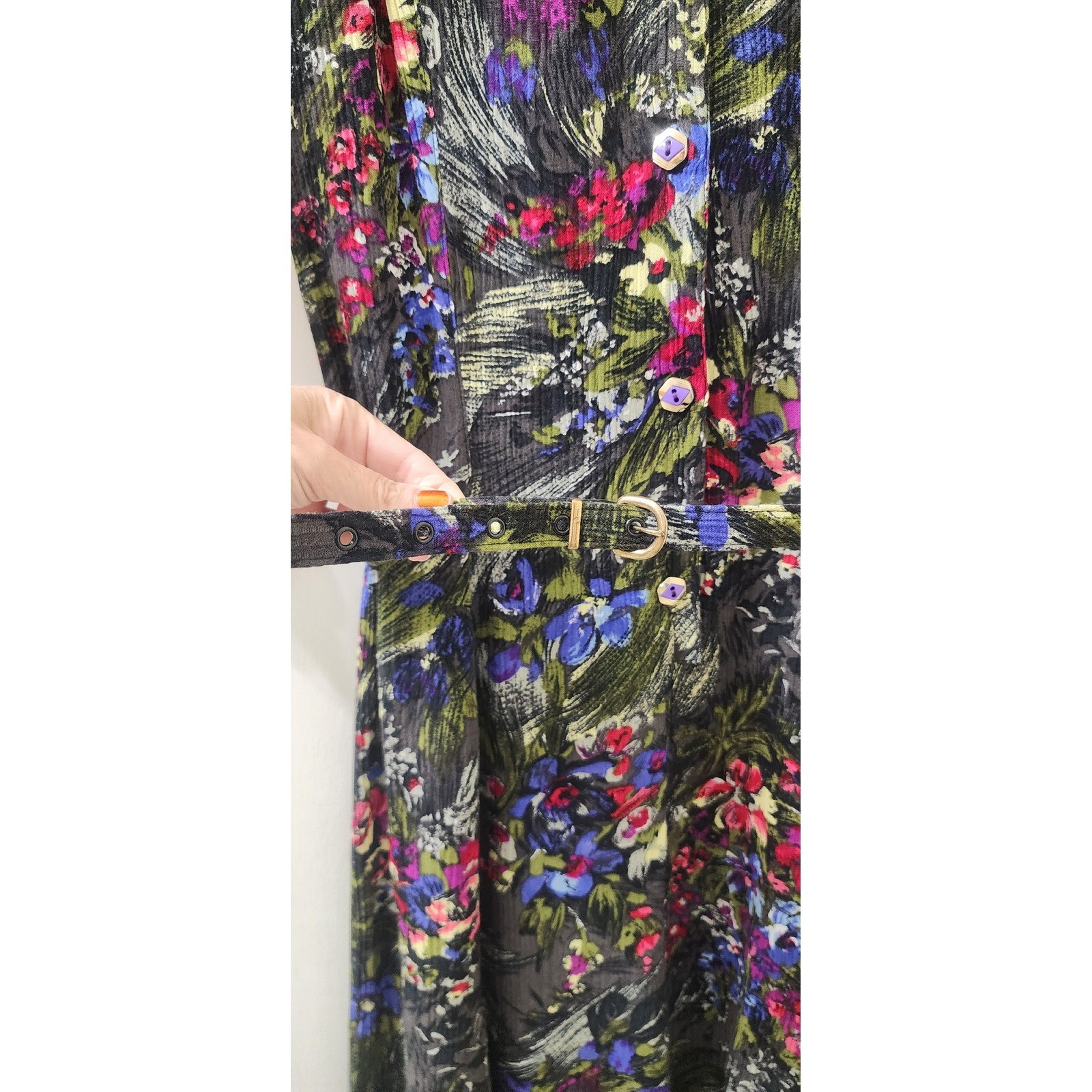 Vintage Oscar Too! Women Floral Rayon Button Front Midi Dress Belted Black Sz 10