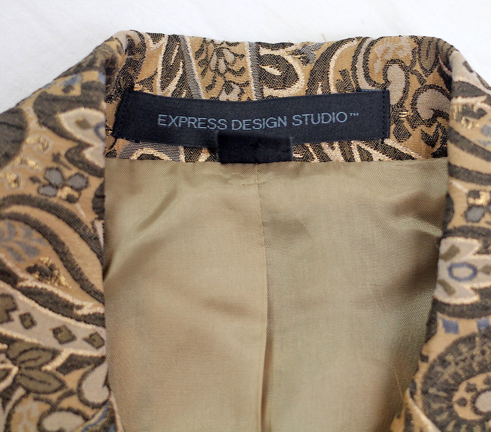 Vintage Express Design Studio Satin Brocade Jacket Blazer Gold Gray Paisley XS 0