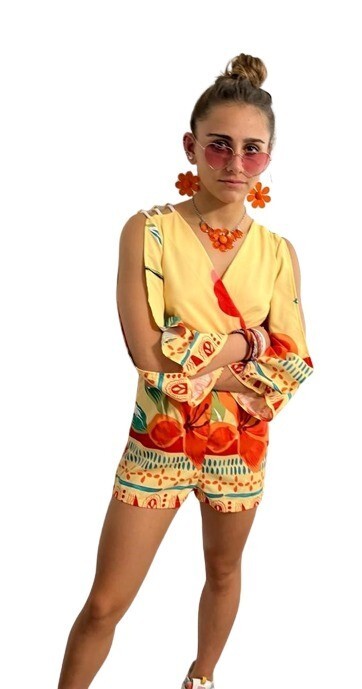 Short Romper Yellow Flower Fantasy Size S Small long Sleeves Wood Beaded Accents