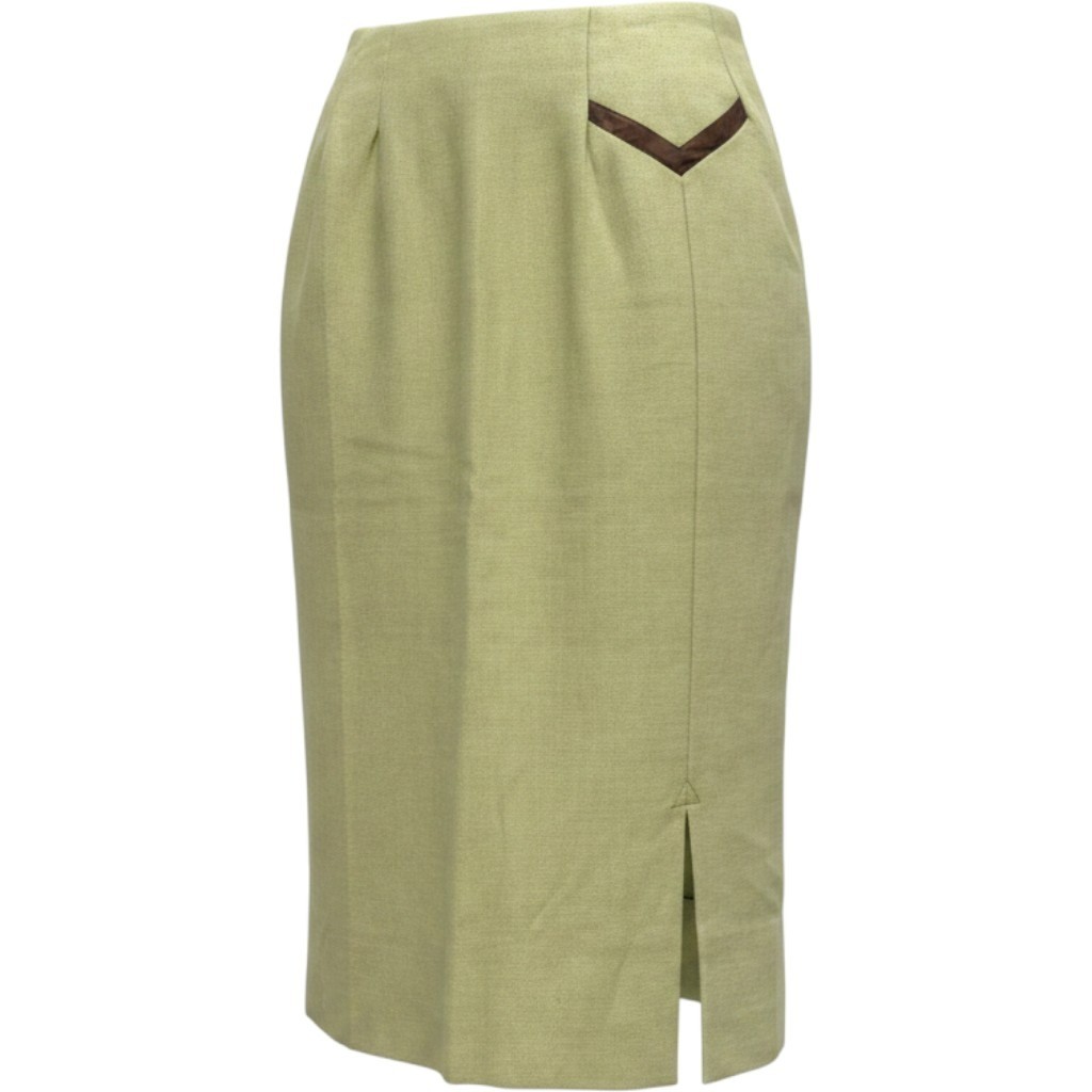 Lucinda Eden Vintage Custom Green Textured Pencil Skirt Midi Front Slit Trim